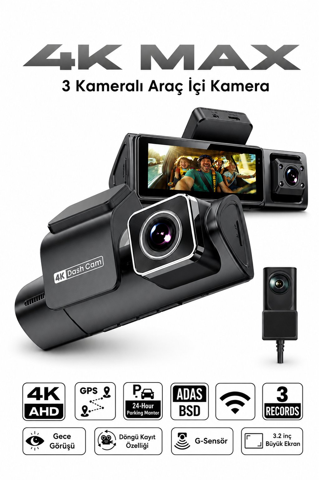 Bagajon 3 Kameralı Yapay Zekâ Destekli 4K Araç İçi Kamera | Ön İç Arka Kamera WiFi GPS ADAS 24 Saat Park Modu Gece Görüşlü