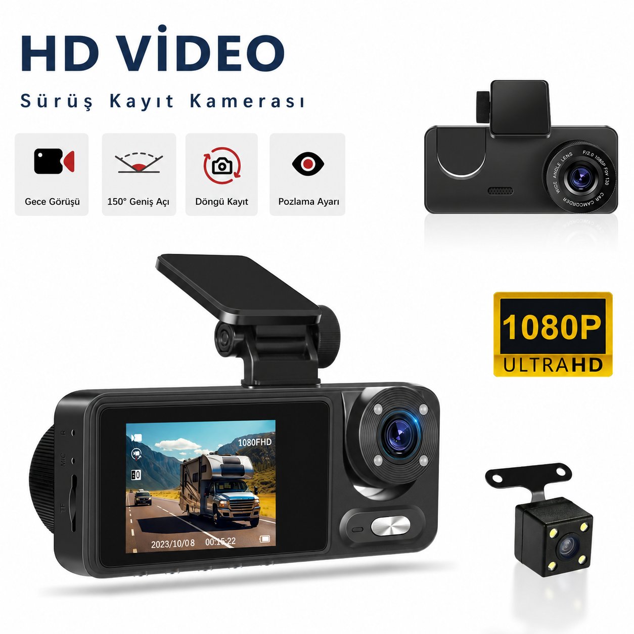 Bagajon C309 3 Kameralı Araç İçi Kamera Full HD 1080P Ön İç Arka Kamera Gece Görüşlü 150° Geniş Açı G-Sensör Döngü Kayıt Dash Cam