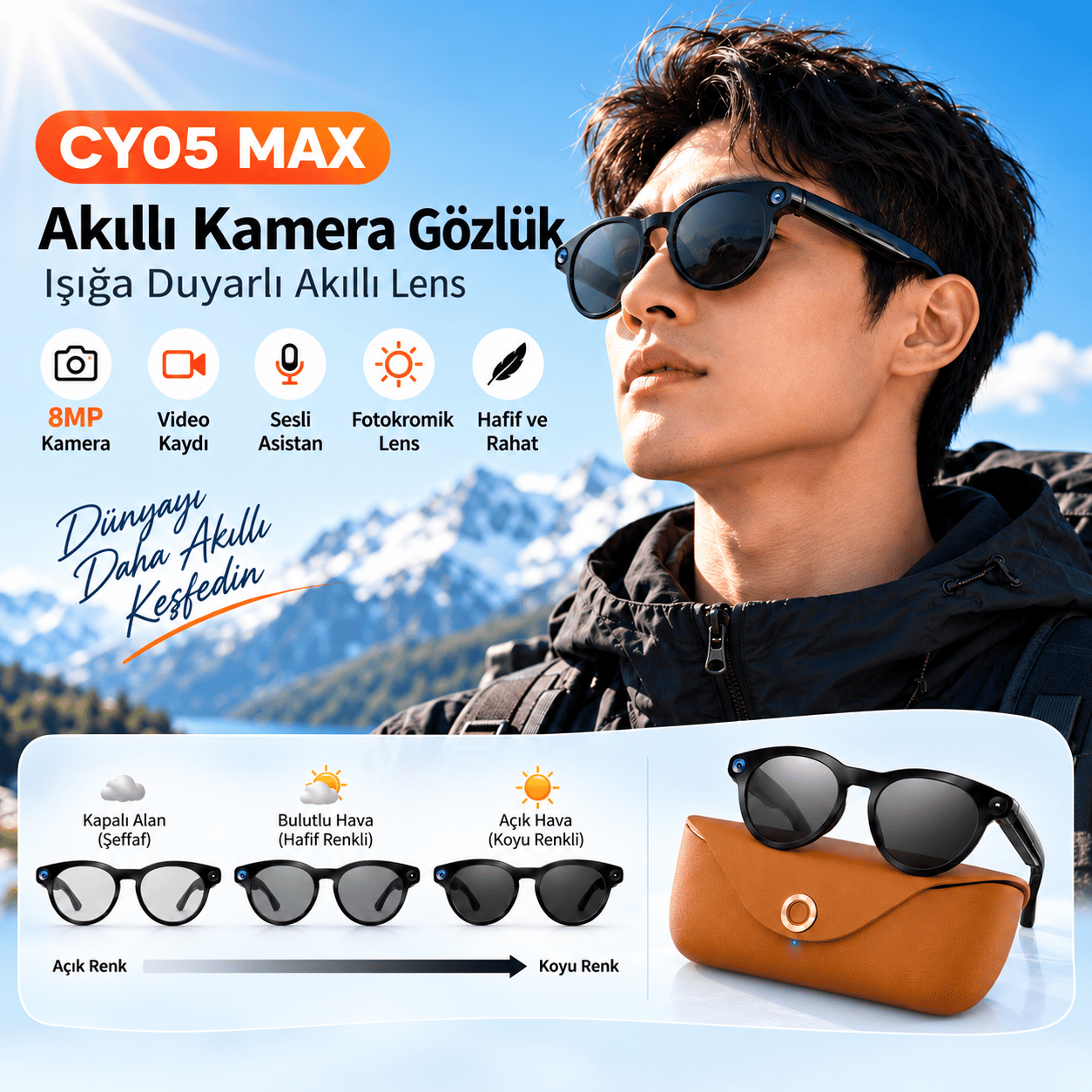 Bagajon CY05 Max AI Akıllı Gözlük 8MP Kamera – 1080P Video, Yapay Zeka Anlık Çeviri, Bluetooth Arama, Fotokromik Lens, ENC, 2000mAh Şarj Kutulu