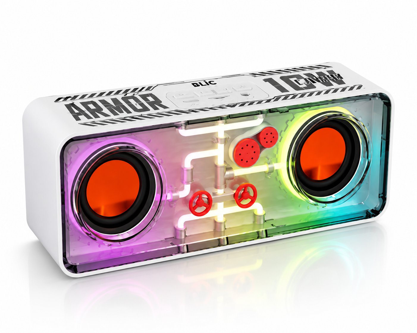 Blic BLS-71 Armor Series Şeffaf Mecha RGB Işıklı 10W Bluetooth Hoparlör Beyaz TWS Destekli Kablosuz Soundbar