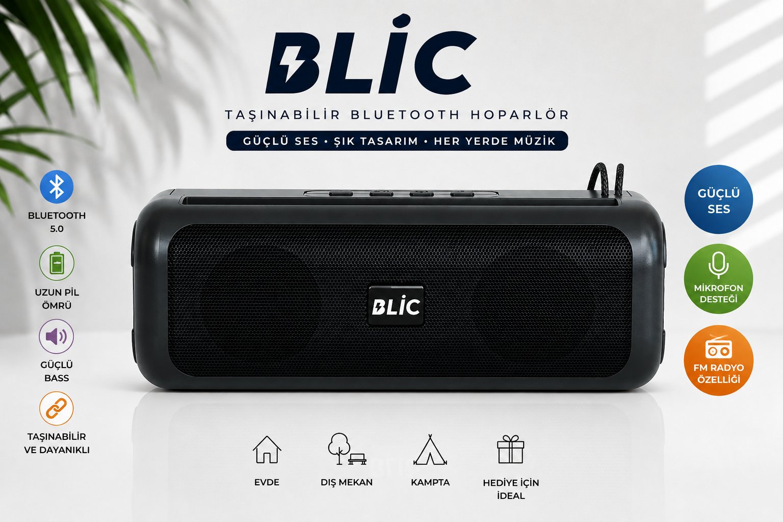 Blic BLS-72 12W Bluetooth 5.4 Taşınabilir Hoparlör TWS Stereo USB TF Kart Type-C Siyah