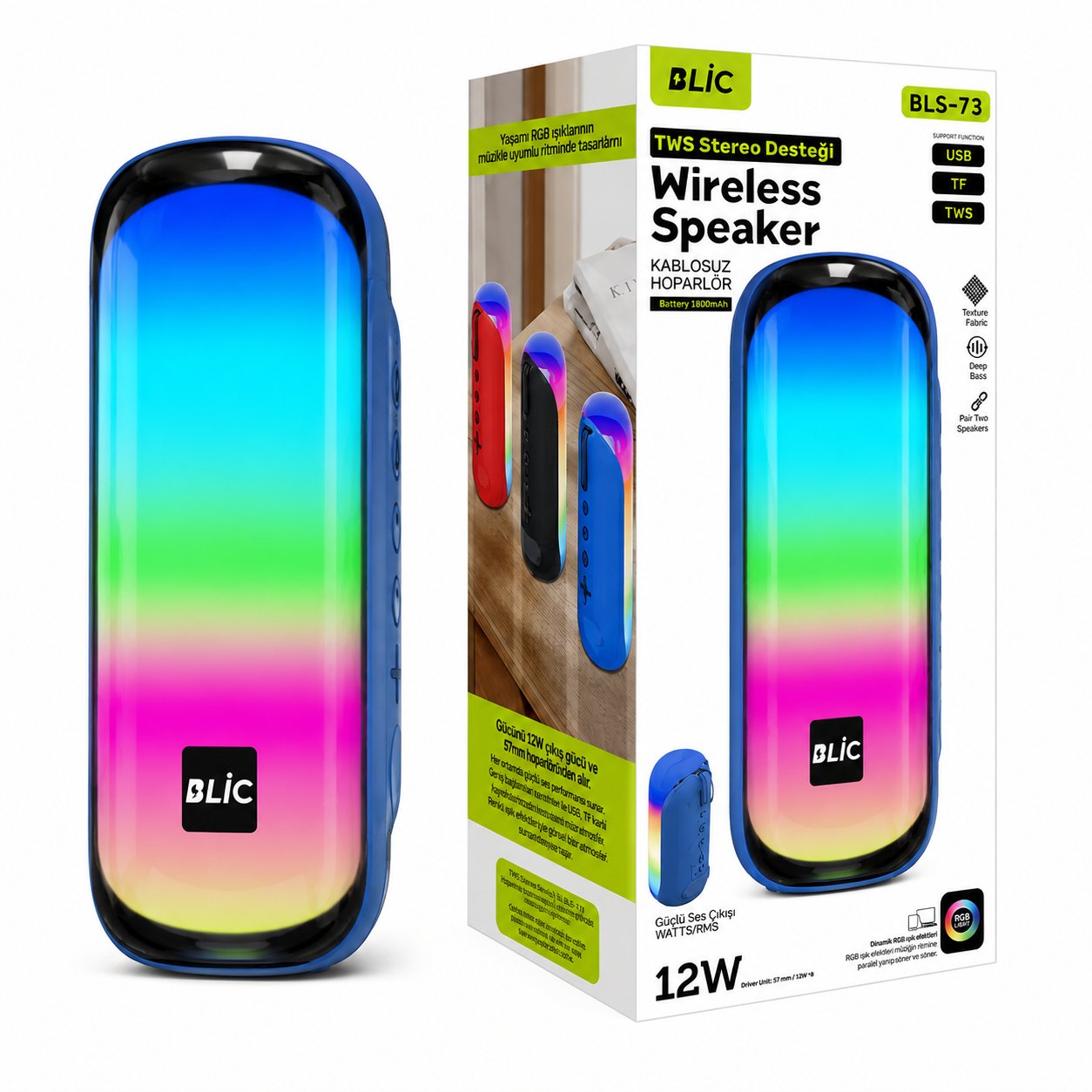 Blic BLS-73 12W RGB Işıklı Bluetooth Hoparlör TWS Stereo USB TF AUX Destekli Kumaş Dokulu Kablosuz Speaker Mavi