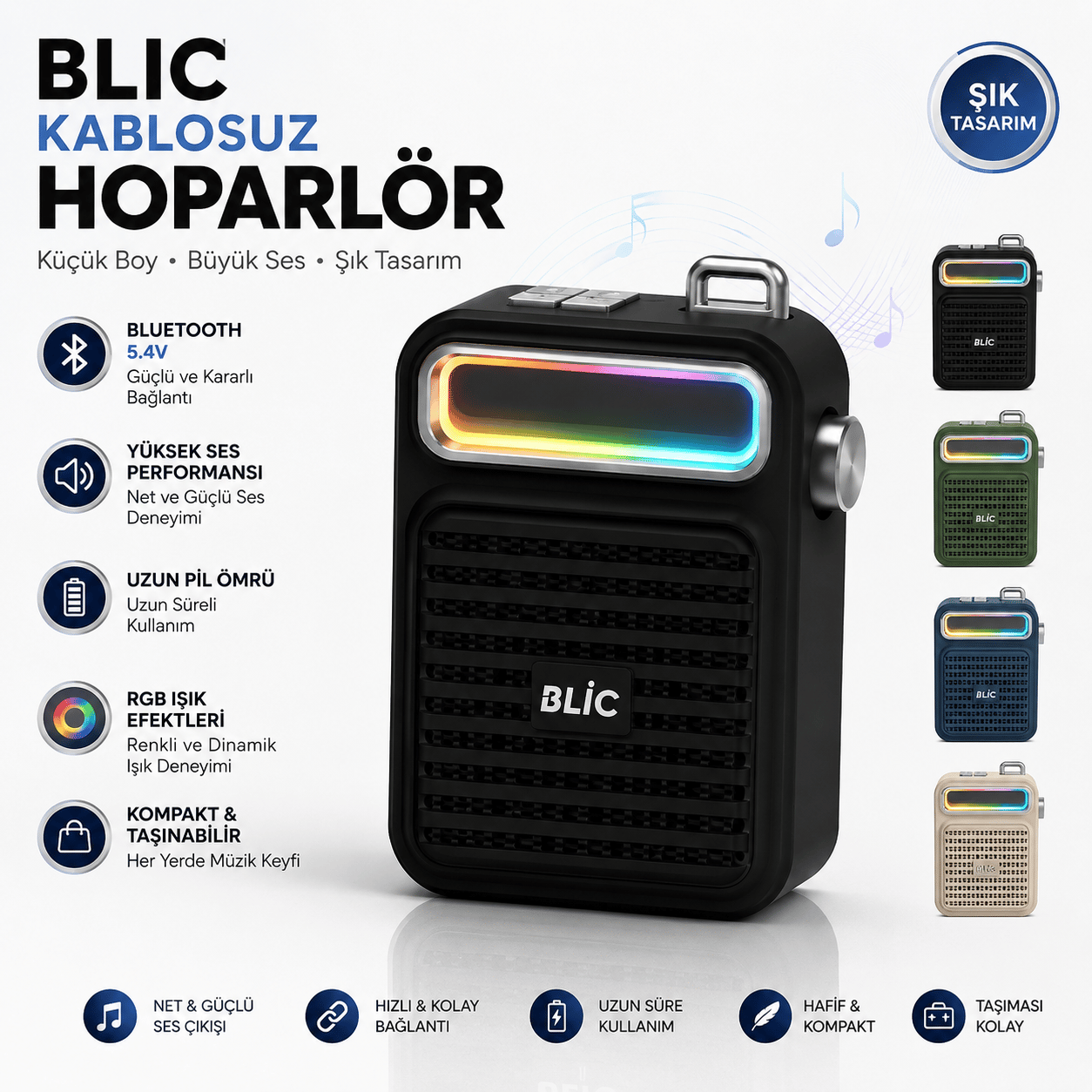 Blic BLS-75 7W Bluetooth Hoparlör RGB Işıklı TWS Stereo USB TF Kart Destekli Kablosuz Speaker Siyah