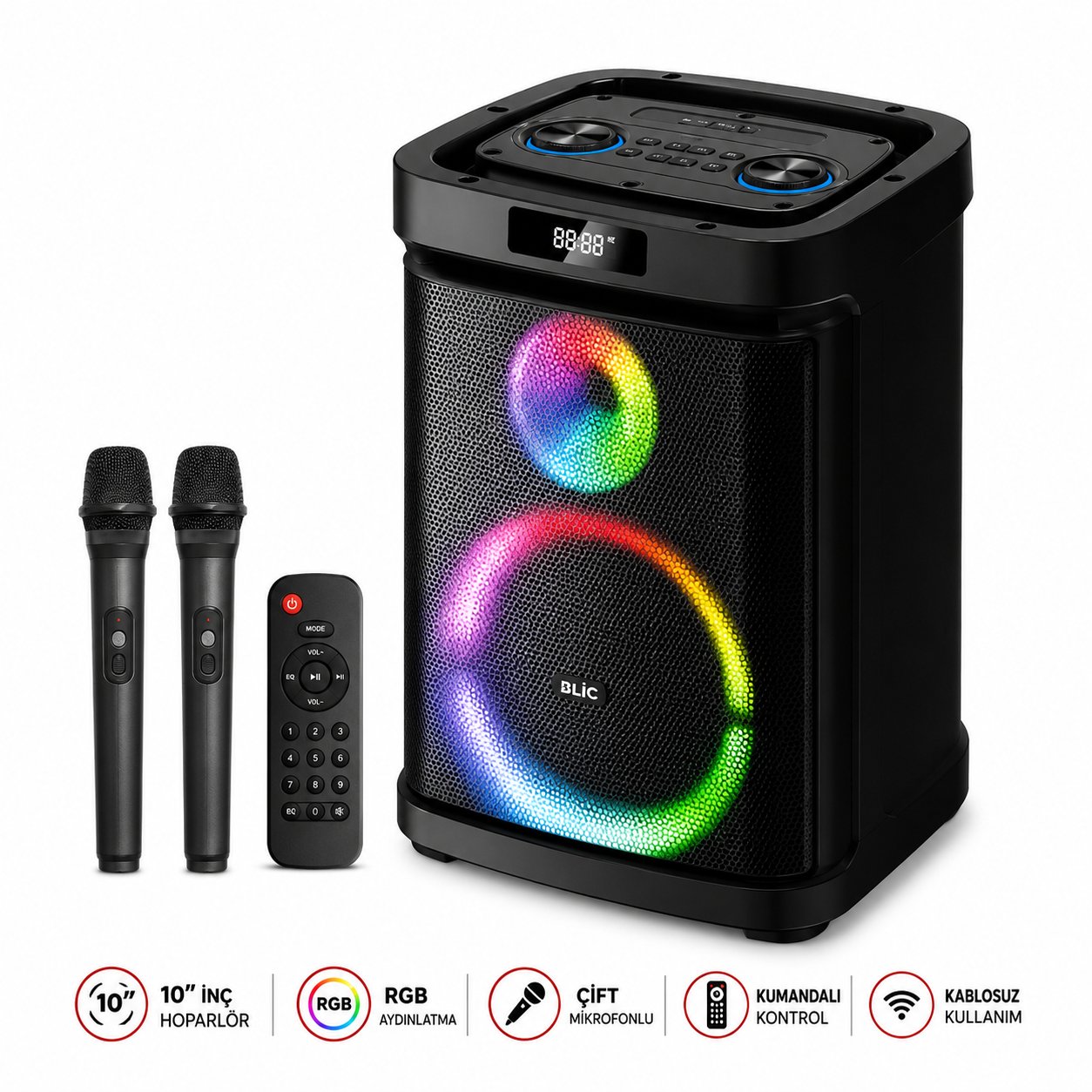 Blic BLS-79 20W 10 İnç Bluetooth Hoparlör, RGB Işıklı, Çift Kablosuz Mikrofonlu, Kumandalı
