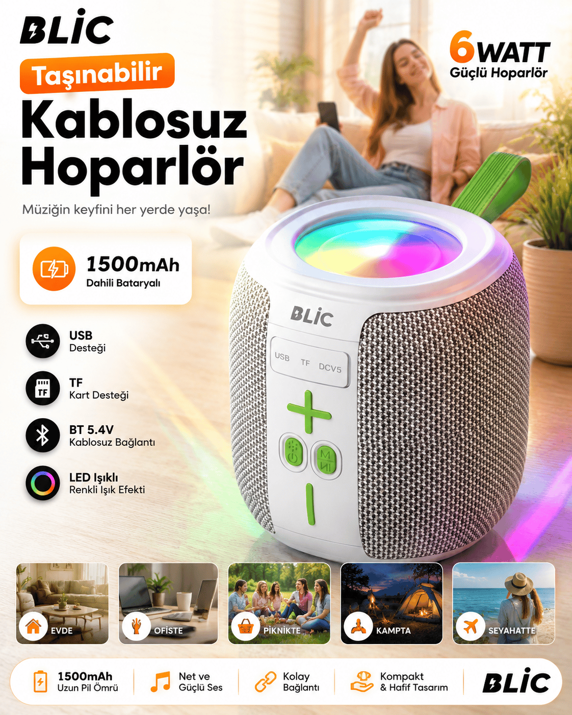 Blic BLS-88 6W Bluetooth Hoparlör, LED Işıklı, Taşınabilir, USB & TF Kart Destekli, 1500mAh Beyaz