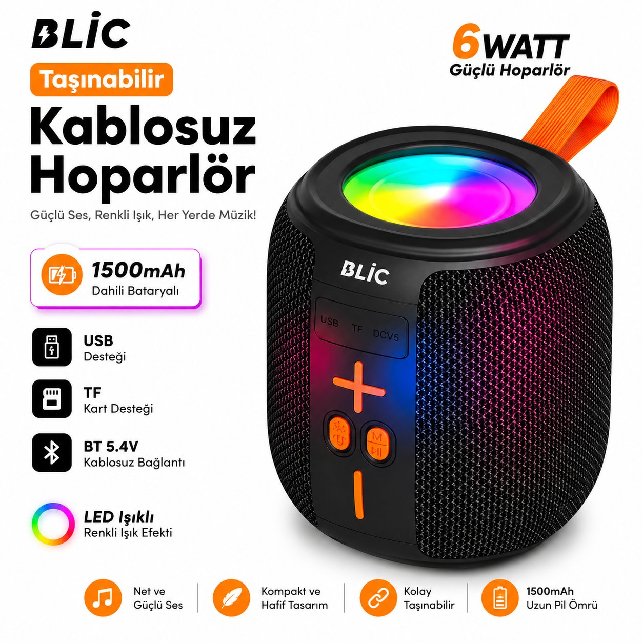 Blic BLS-88 6W Bluetooth Hoparlör, LED Işıklı, Taşınabilir, USB & TF Kart Destekli, 1500mAh Siyah
