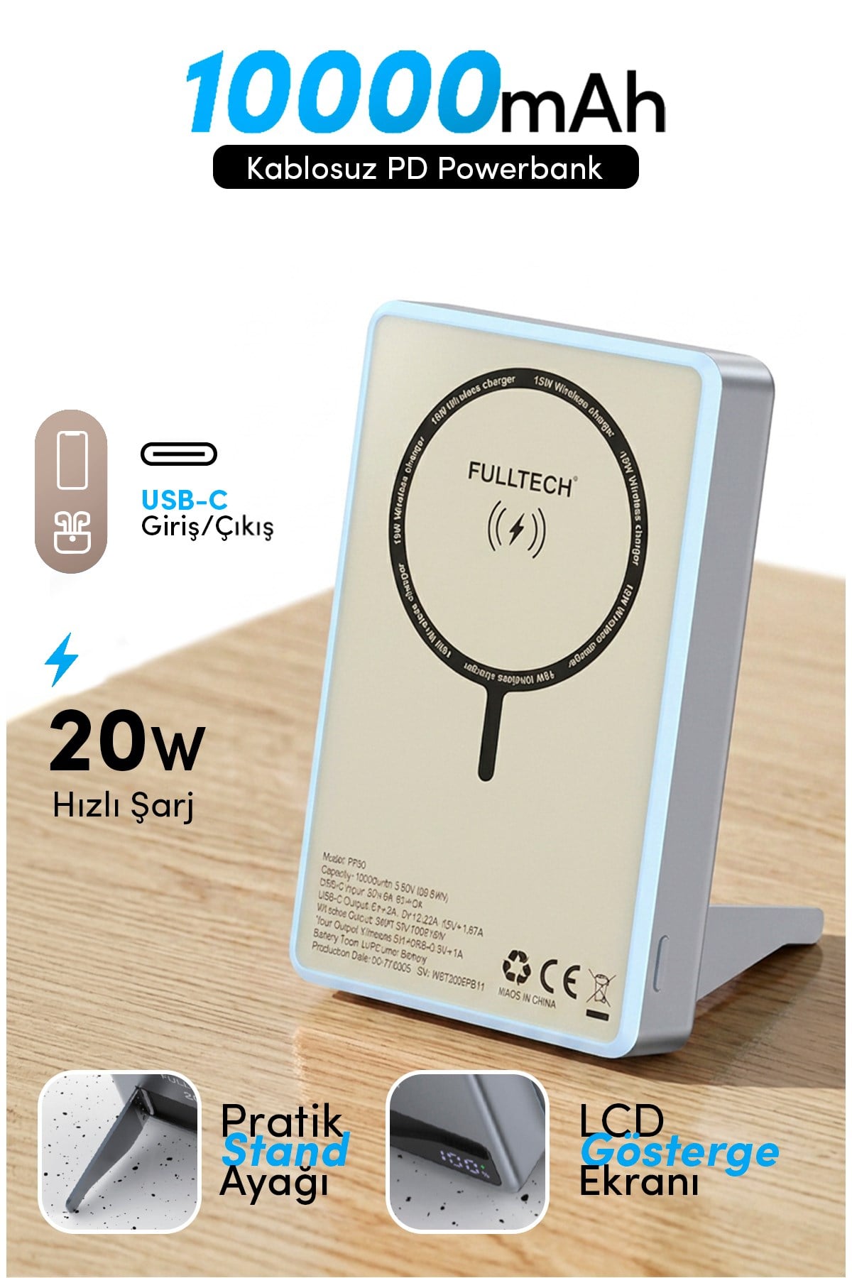 Fulltech FP50 10.000 mAh Hızlı Şarj MagSafe Powerbank Mavi