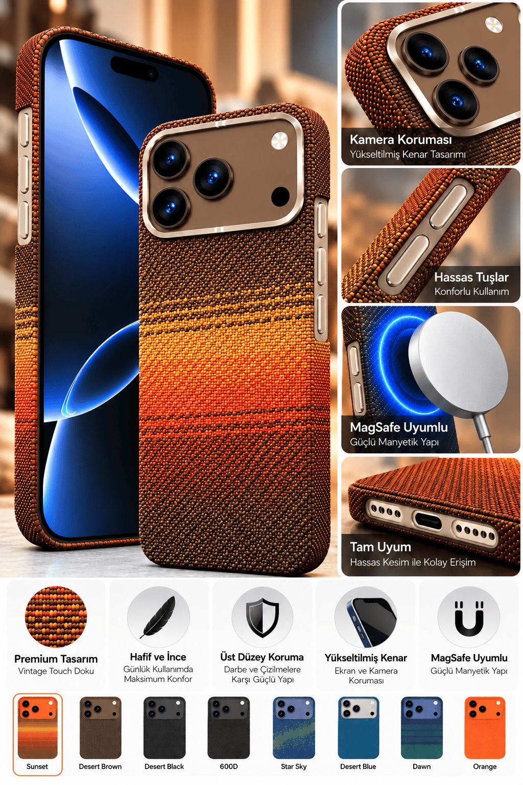 Fulltech Vintage Touch Premium iphone 16 Pro Max Uyumlu MagSafe Kılıf – Özel Karbon Desenli Tasarım, Kamera Koruma, Şık ve Hafif Yapı – Sunset 