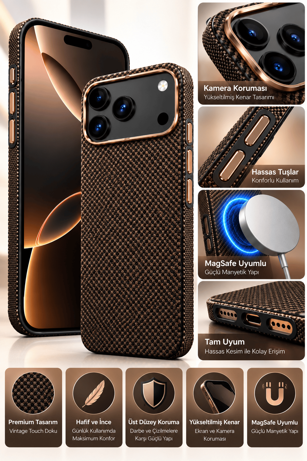 Fulltech Vintage Touch Premium iphone 15 Pro Max Uyumlu MagSafe Kılıf – Özel Karbon Desenli Tasarım, Kamera Koruma, Şık ve Hafif Yapı – Desert Brown
