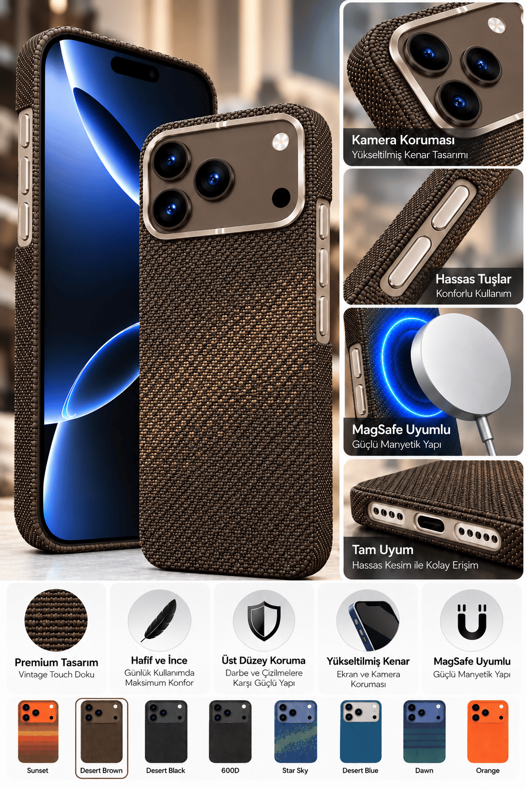 Fulltech Vintage Touch Premium iphone 16 Pro Max Uyumlu MagSafe Kılıf – Özel Karbon Desenli Tasarım, Kamera Koruma, Şık ve Hafif Yapı – Desert Brown