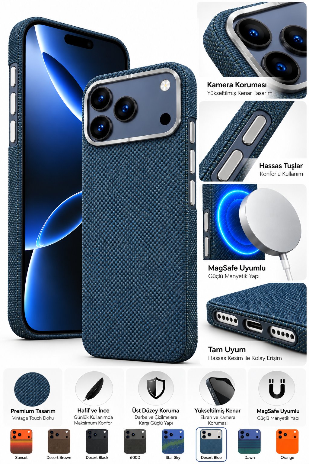 Fulltech Vintage Touch Premium iphone 16 Pro Max Uyumlu MagSafe Kılıf – Özel Karbon Desenli Tasarım, Kamera Koruma, Şık ve Hafif Yapı – Desert Blue 