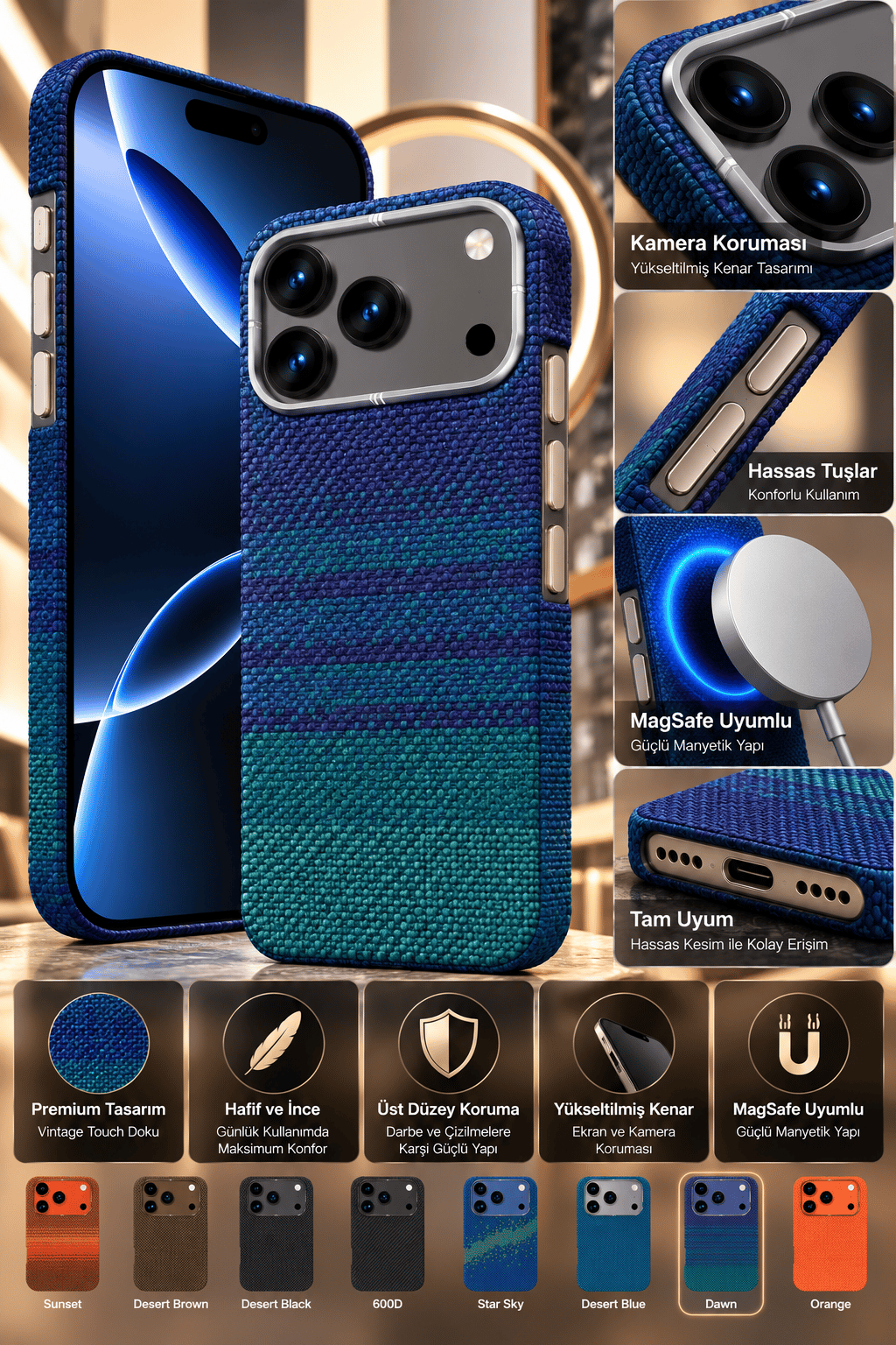 Fulltech Vintage Touch Premium iphone 16 Pro Max Uyumlu MagSafe Kılıf – Özel Karbon Desenli Tasarım, Kamera Koruma, Şık ve Hafif Yapı – Dawn