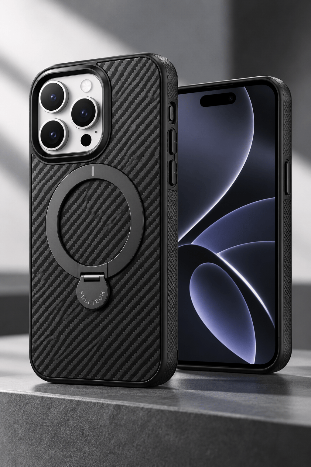 iPhone 15 Pro Max Premium Karbon Desenli Standlı Telefon Kılıfı MagSafe Uyumlu Kamera Korumalı - Siyah