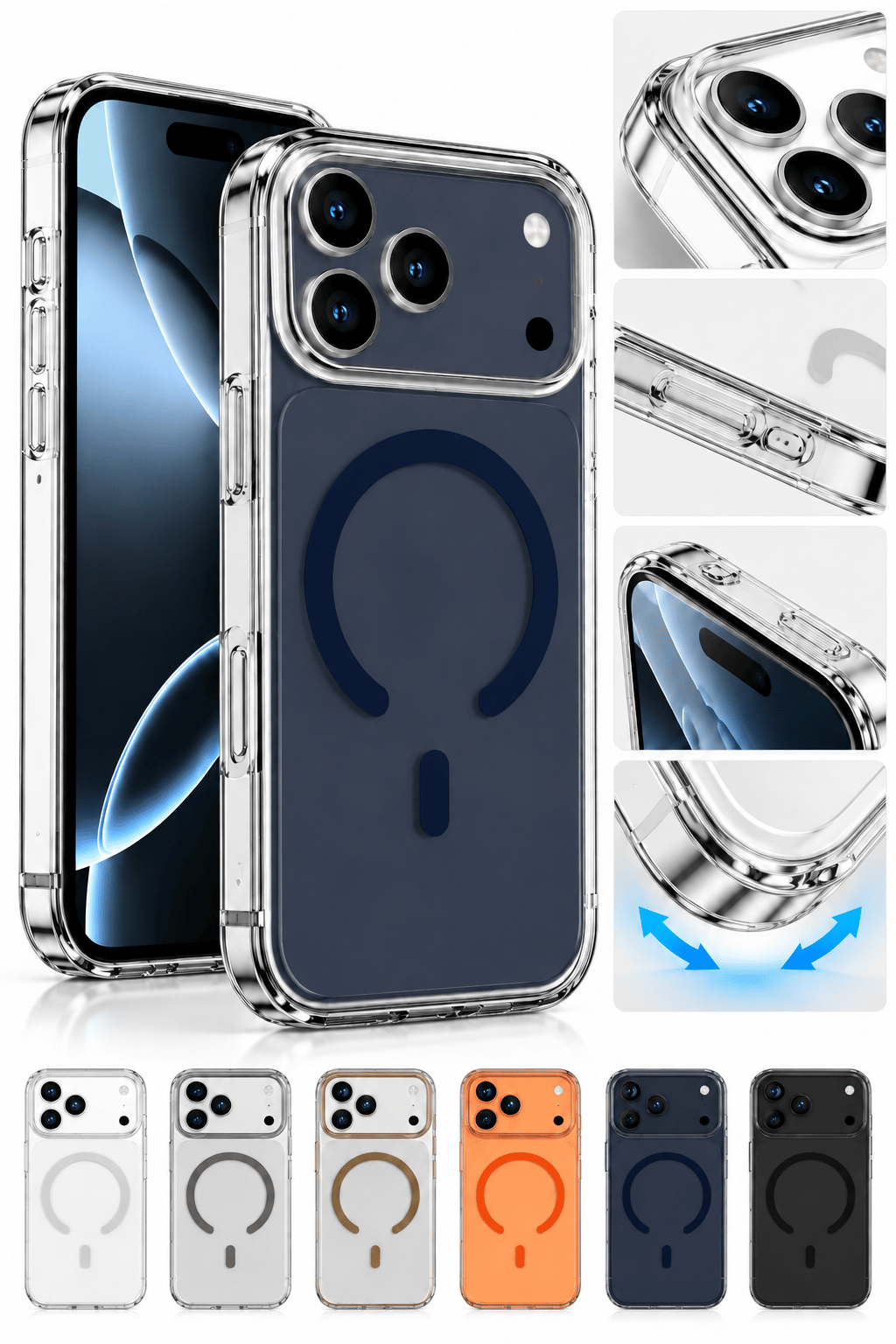 iphone 17 Premium Şeffaf MagSafe Telefon Kılıfı – Güçlü Manyetik Şarj Destekli, Darbe Emici, 2 mm Yükseltilmiş Kenar, Kamera Korumalı – Royal Blue