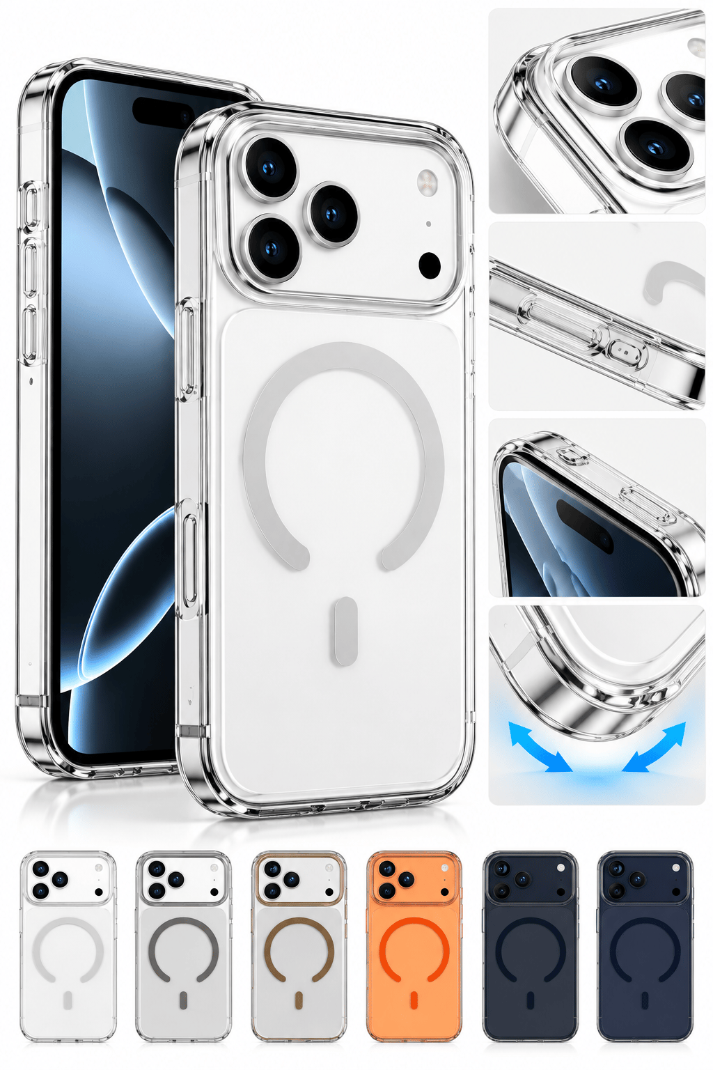 iphone 17 Premium Şeffaf MagSafe Telefon Kılıfı – Güçlü Manyetik Şarj Destekli, Darbe Emici, 2 mm Yükseltilmiş Kenar, Kamera Korumalı – Beyaz