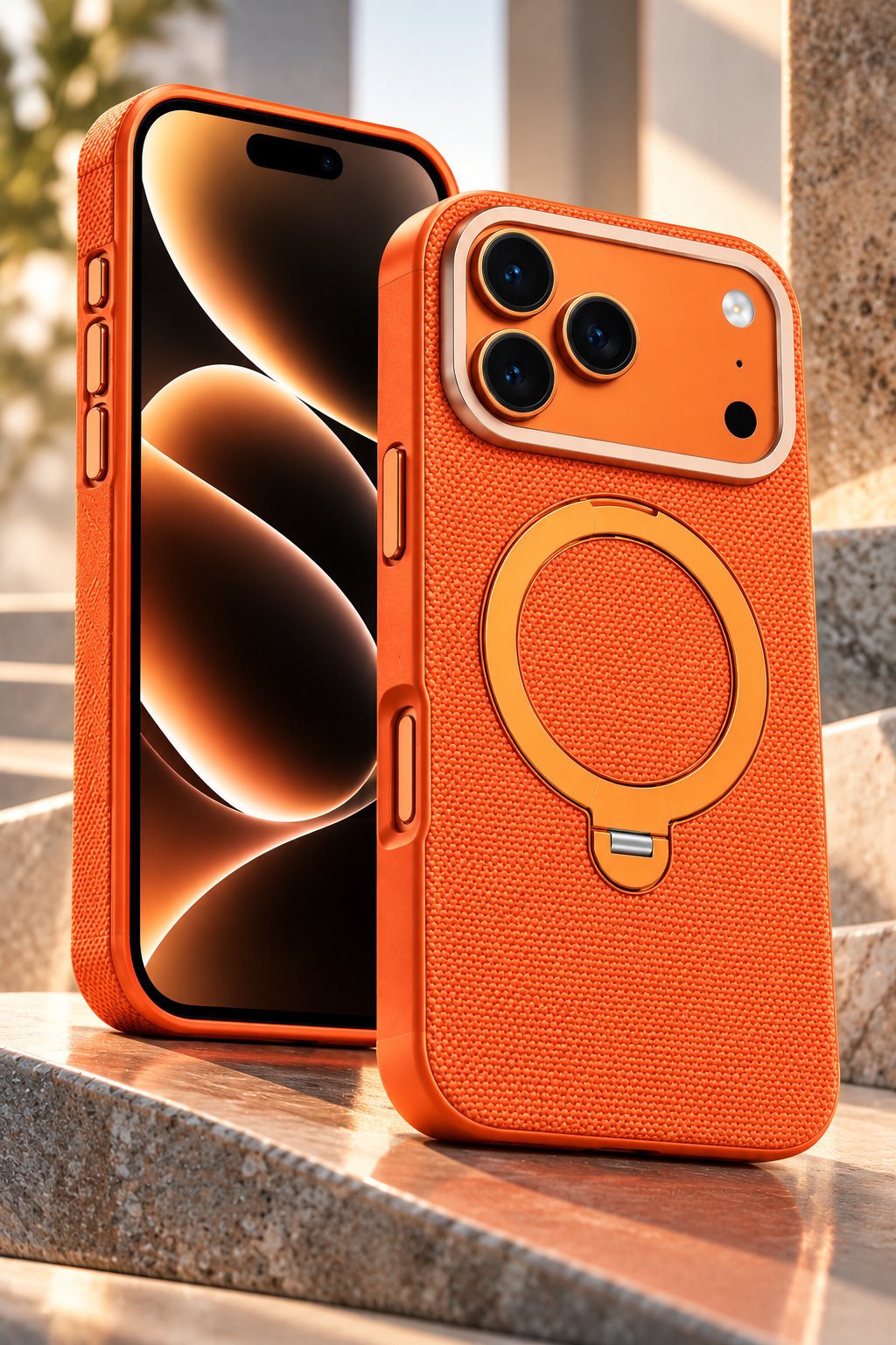iPhone 17 Pro 360° Döner Manyetik Halkalı Standlı MagSafe Uyumlu Telefon Kılıfı - Turuncu