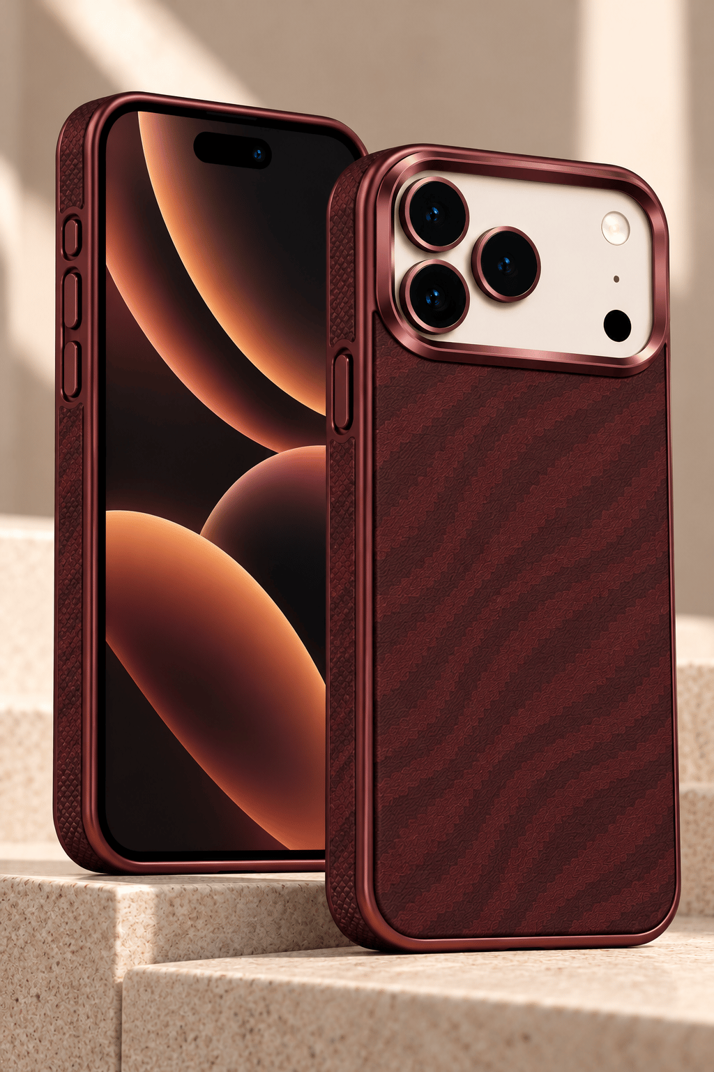 iPhone 17 Pro Max Premium MagSafe Uyumlu Alüminyum Çerçeveli Metal Kamera Korumalı Telefon Kılıfı- Bambu Kırmızı