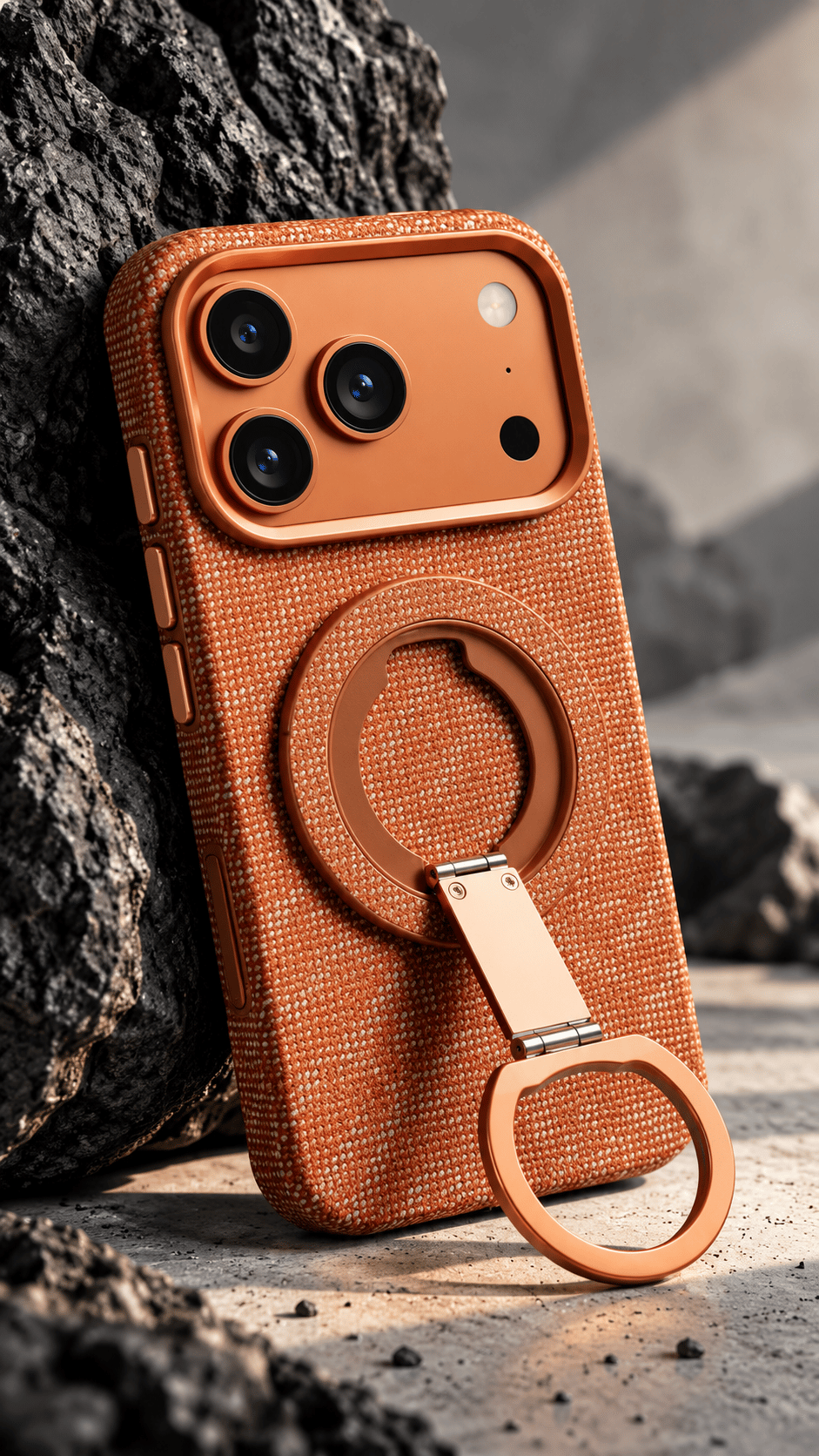 iPhone 17 Pro Max Uyumlu Premium Karbon Desenli MagSafe Kılıf – 180° Katlanabilir Manyetik Halka Standlı, Kamera Korumalı, Turuncu