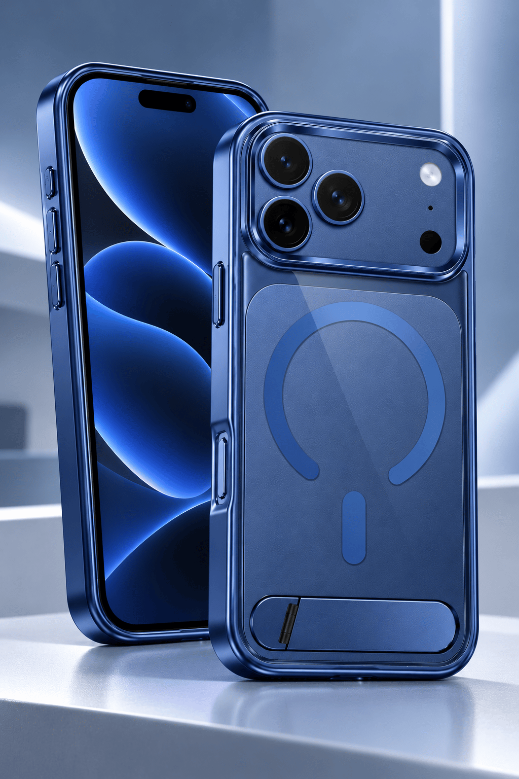 iPhone 17 Pro Max Uyumlu Premium MagSafe Destekli Standlı Kamera Korumalı Telefon Kılıfı-Mavi