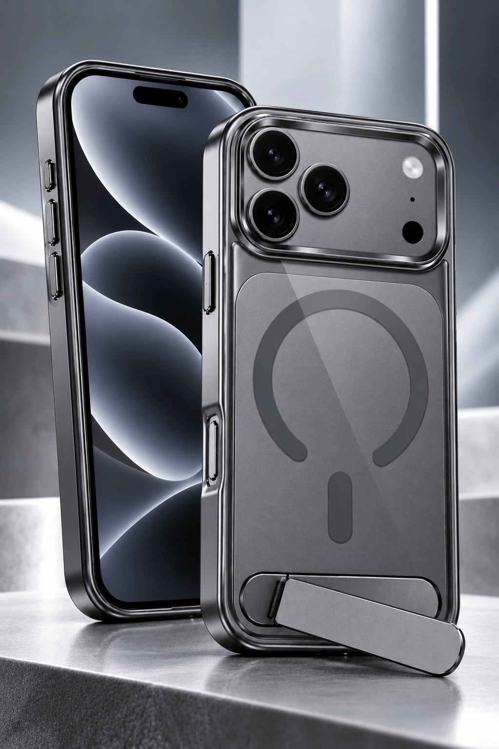 iPhone 17 Pro Max Uyumlu Premium MagSafe Destekli Standlı Kamera Korumalı Telefon Kılıfı-Gri