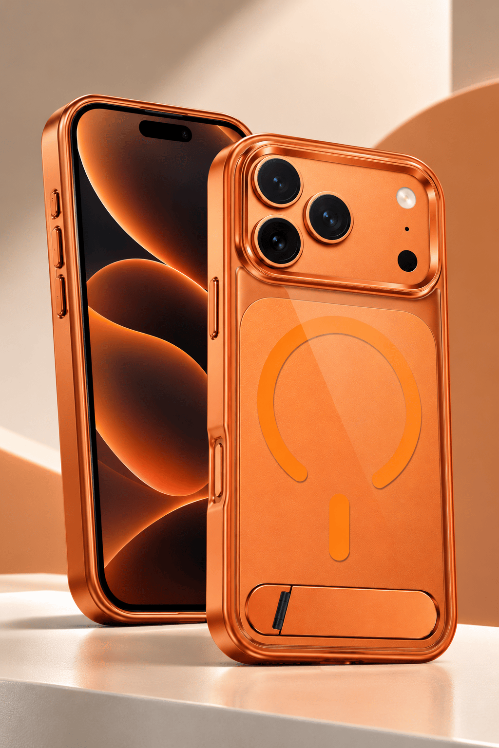 iPhone 17 Pro Max Uyumlu Premium MagSafe Destekli Standlı Kamera Korumalı Telefon Kılıfı-Turuncu