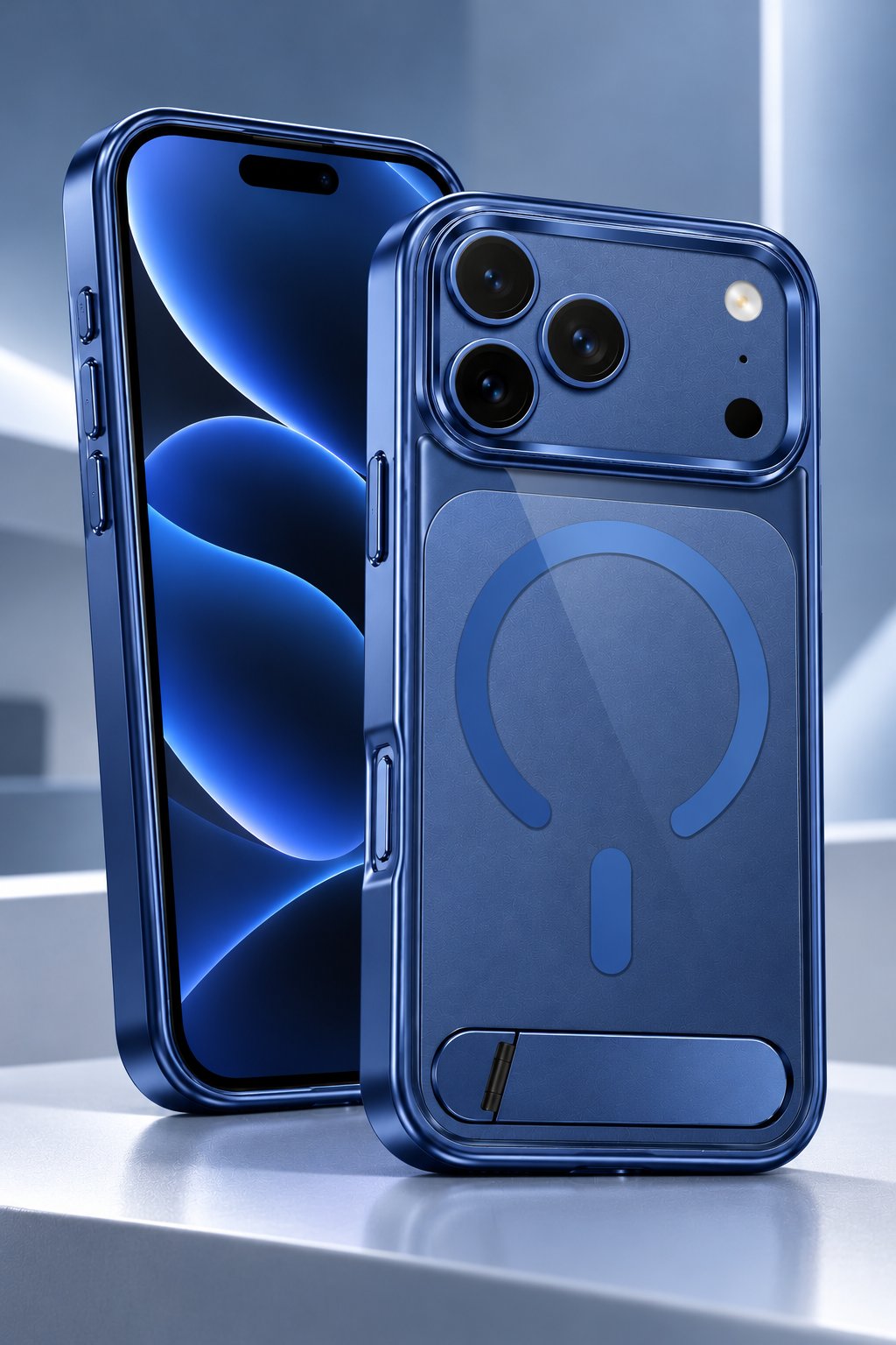 iPhone 17 Pro Uyumlu Premium MagSafe Destekli Standlı Kamera Korumalı Telefon Kılıfı-Mavi