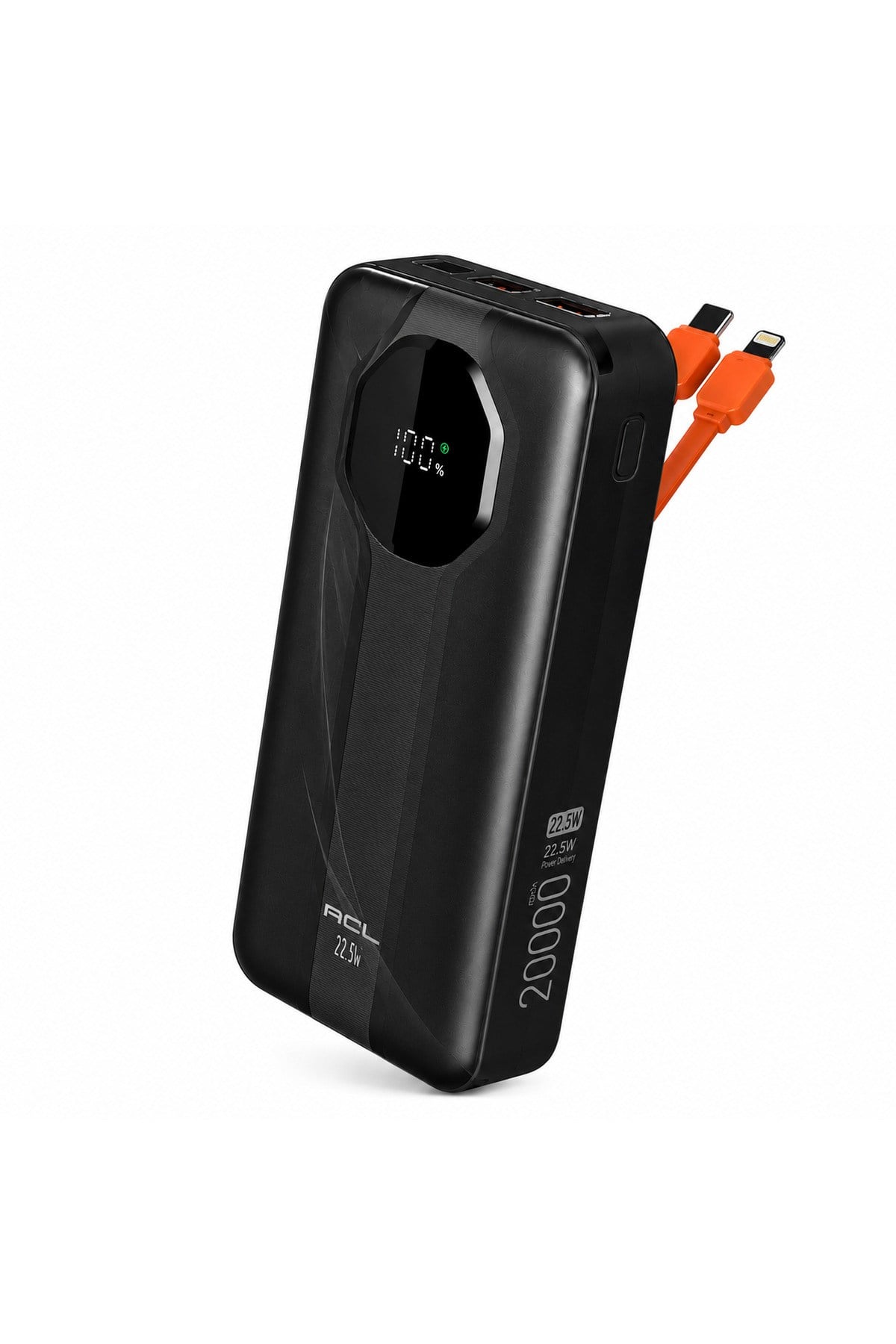 PW-107 20.000 mAh Powerbank 22.5W Hızlı Şarj Dahili Type-C Lightning Kablolu LCD Göstergeli 2 USB Siyah