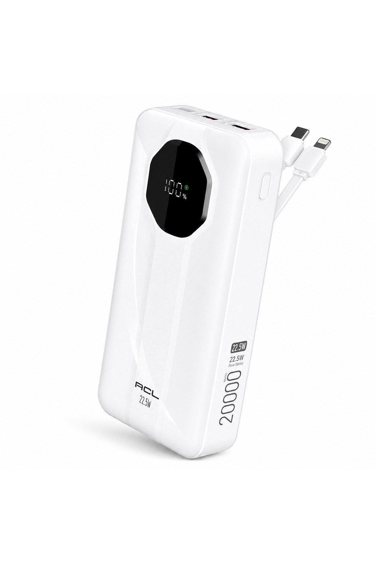 PW-107 20.000 mAh Powerbank 22.5W Hızlı Şarj Dahili Type-C Lightning Kablolu LCD Göstergeli 2 USB Beyaz