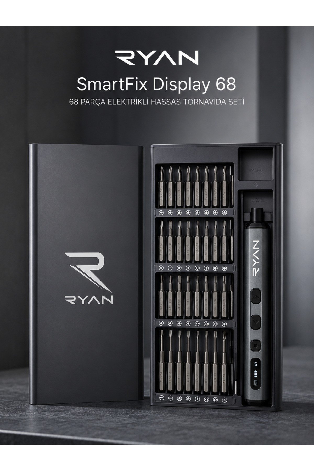 Ryan 68 Parça Elektrikli Hassas Tornavida Seti – Şarjlı, Dijital Ekranlı, 5 Kademe Torklu Telefon Laptop Tamir Kiti