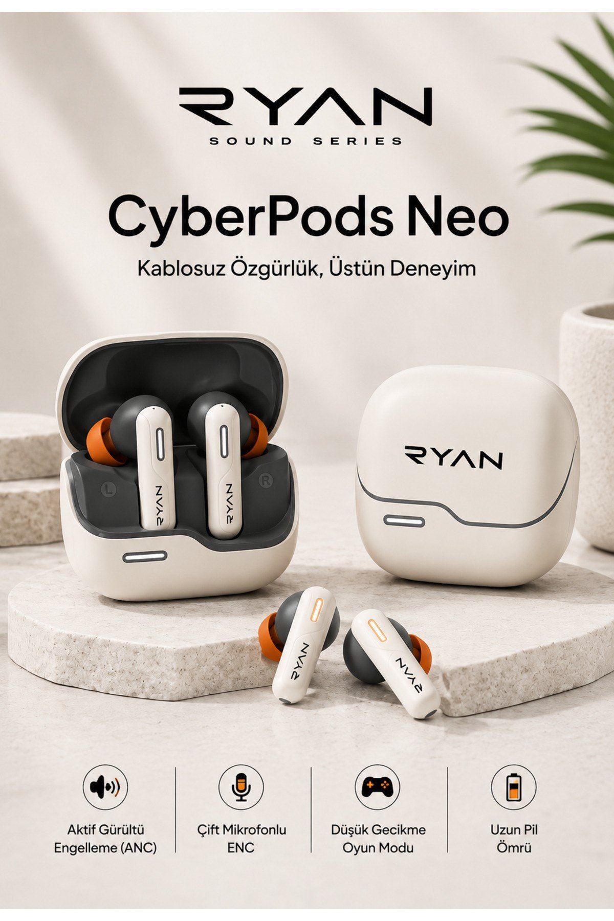 Ryan ANC ENC Kablosuz Bluetooth 5.3 Kulaklık – 4 Mikrofonlu, Gürültü Engelleme, Düşük Gecikmeli Oyun Modu Bej