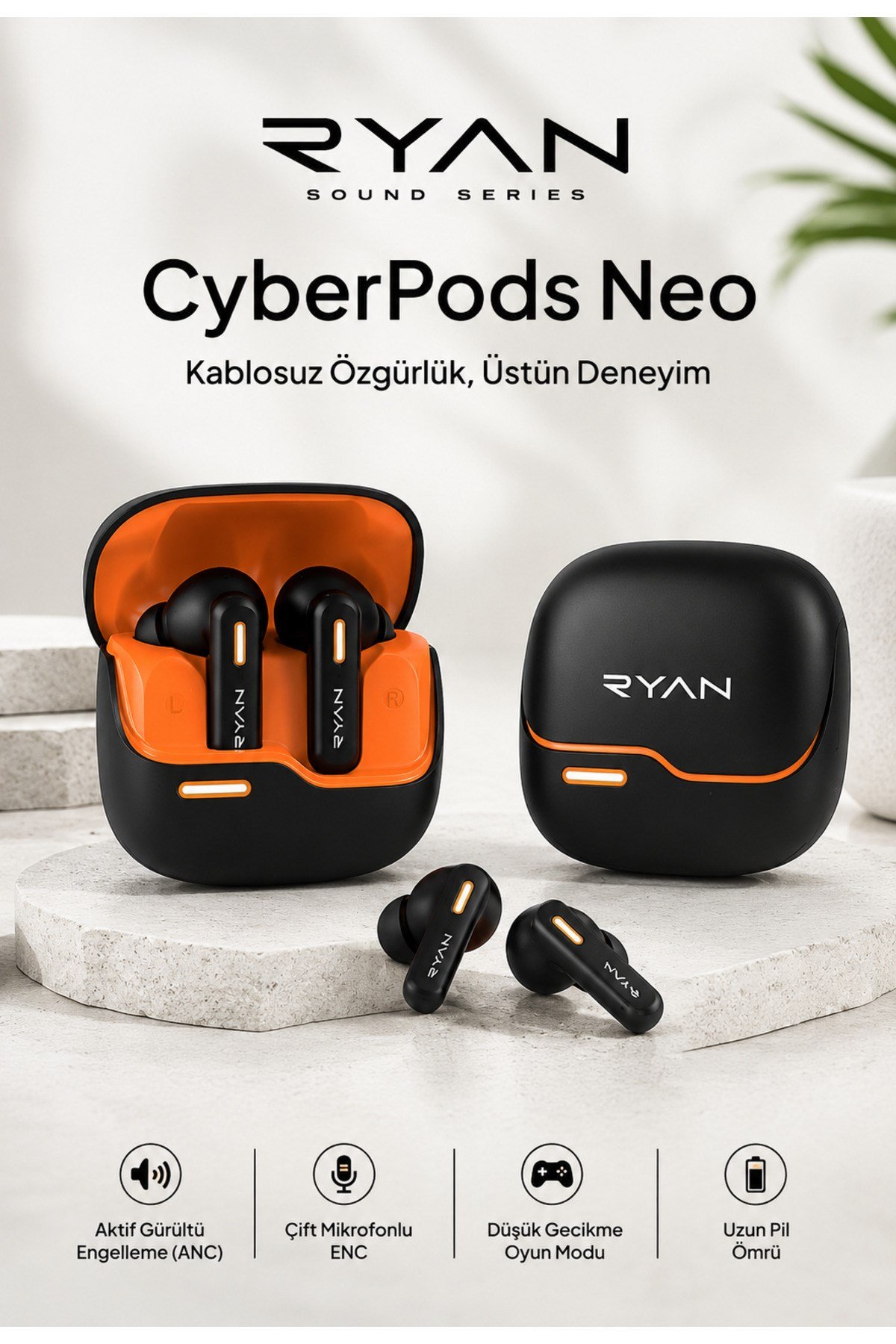 Ryan ANC ENC Kablosuz Bluetooth 5.3 Kulaklık – 4 Mikrofonlu, Gürültü Engelleme, Düşük Gecikmeli Oyun Modu Siyah