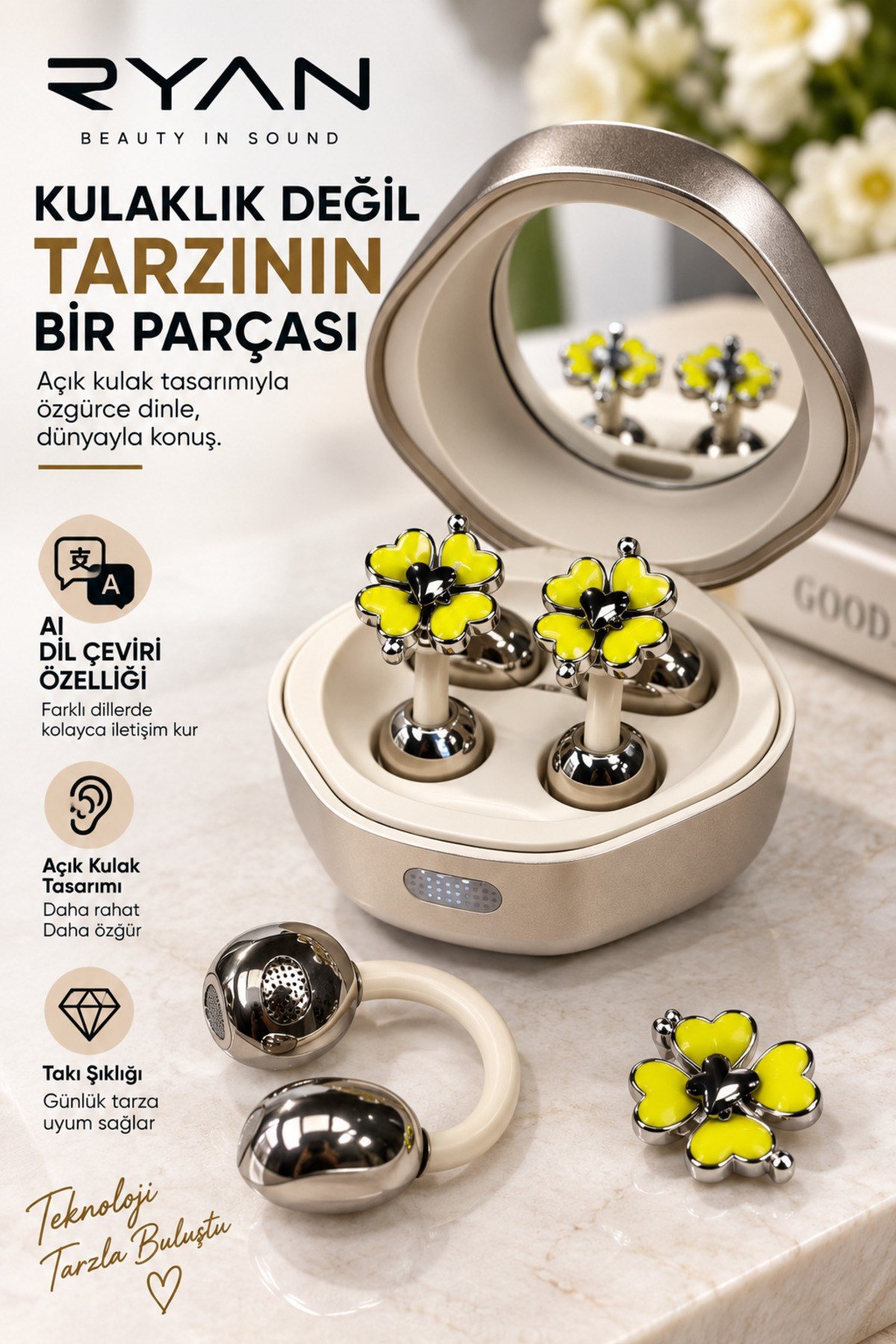 Ryan Dil Çevirili Kablosuz Bluetooth 5.3 Kulaklık ANC Gürültü Engelleme Açık Kulak Tasarım Charm Aksesuarlı – Bej