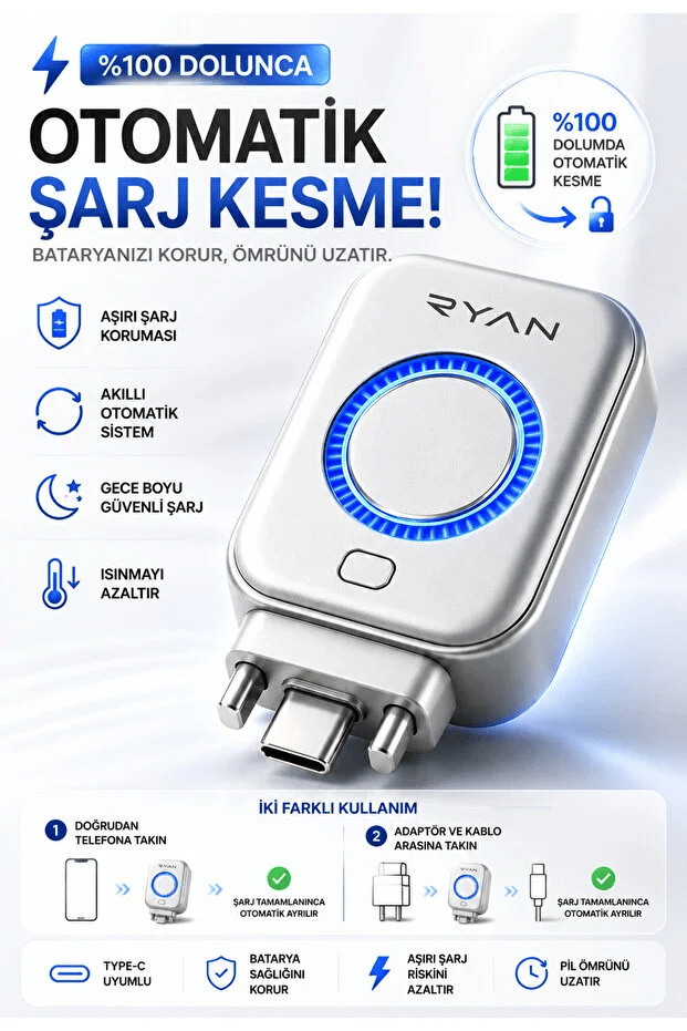 Ryan PowerGuard X1 Type-C Akıllı Şarj Kesici Batarya Koruma Cihazı – %100 Dolumda Otomatik Şarj Kesme