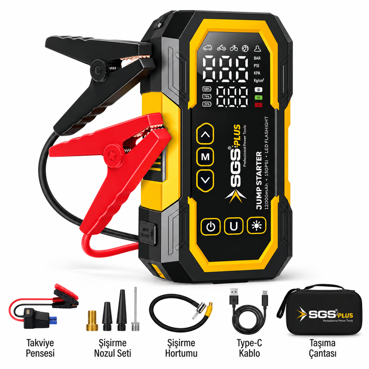 SGS Plus SGS5399 4'ü 1 Arada Akım Korumalı Akü Takviye Cihazı – 12.000 mAh Powerbank, 150 PSI Lastik Şişirme, LED Fener