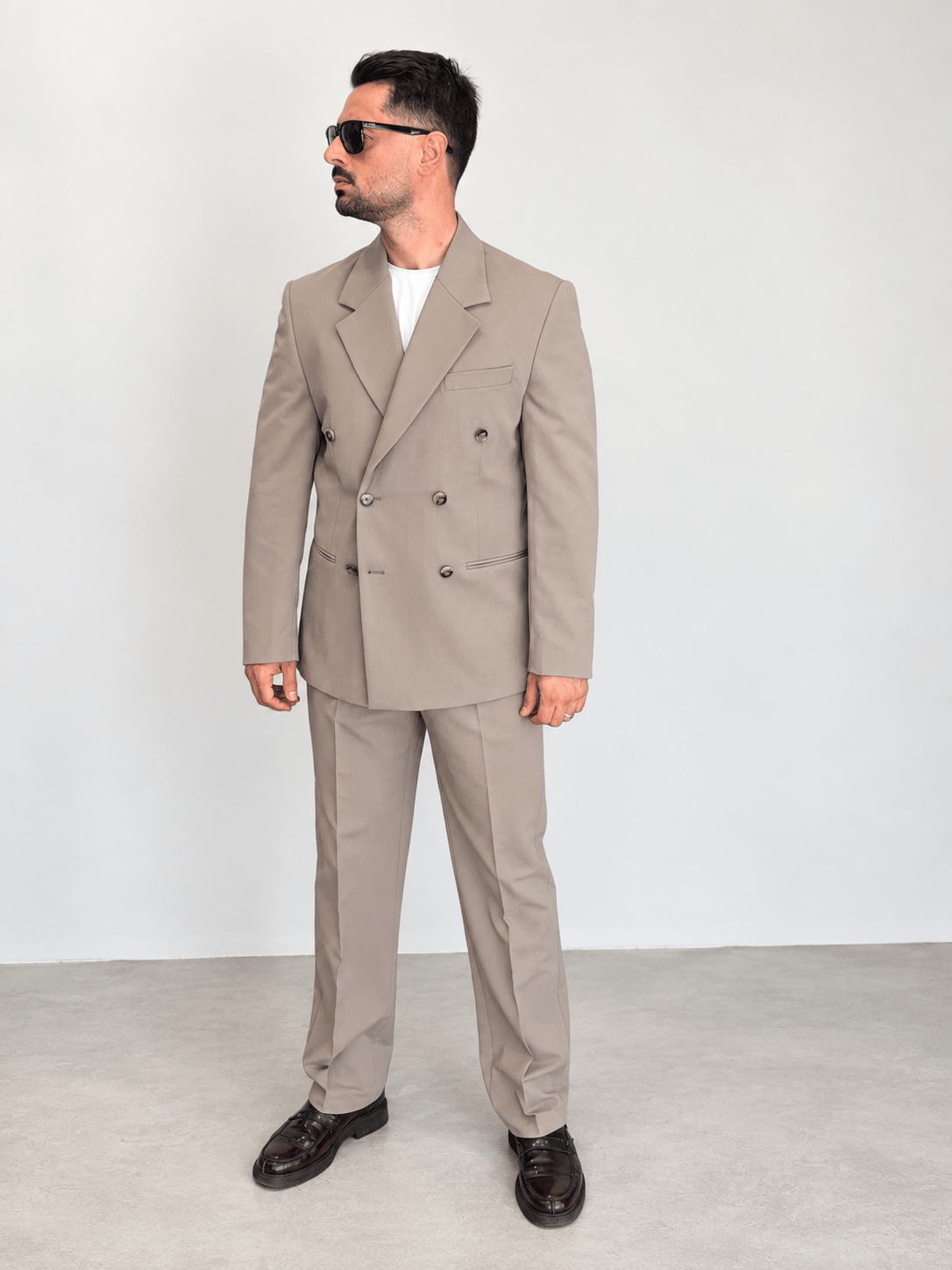  Kruvaze Oversize Takım Elbise-Bej