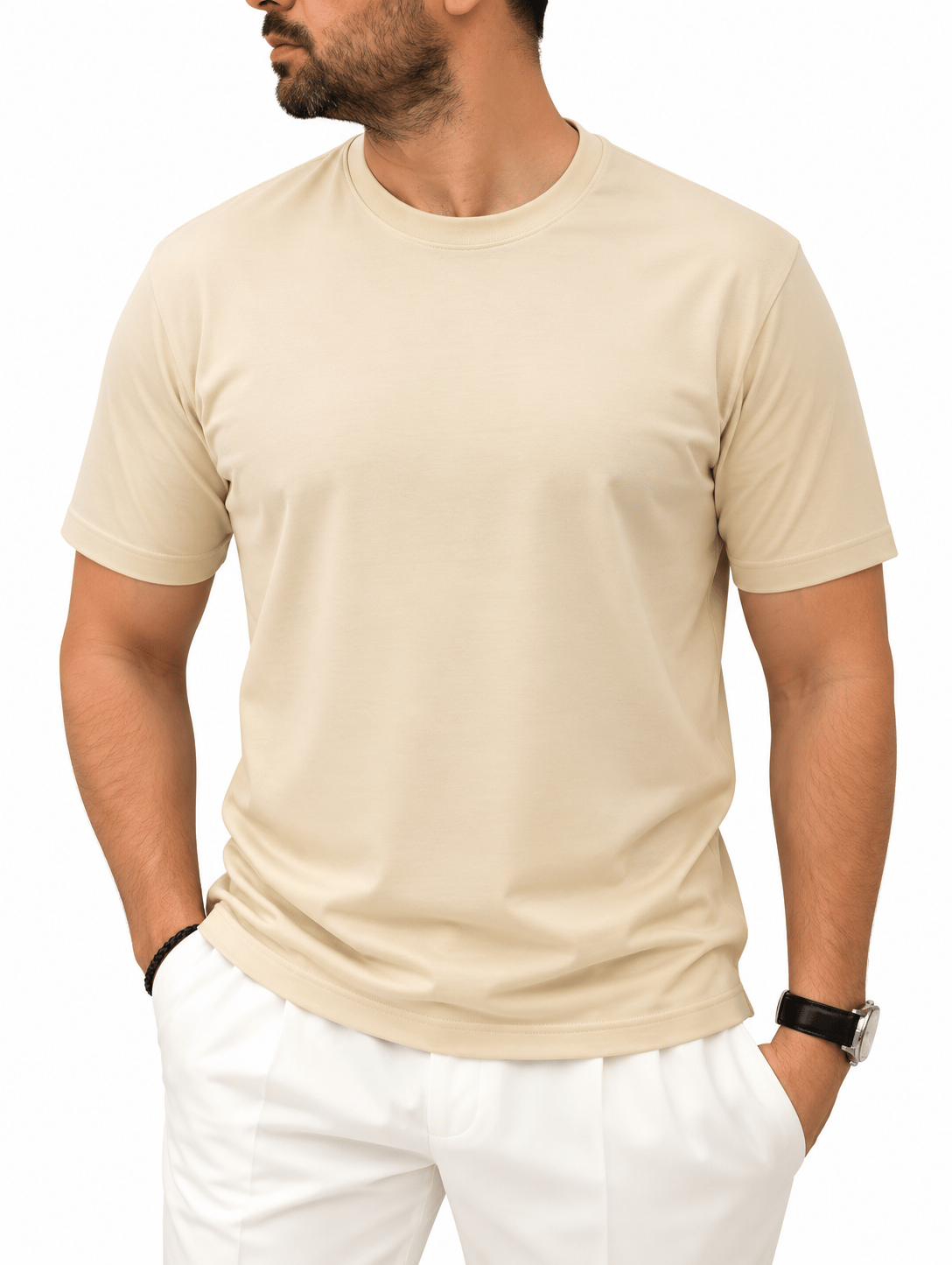 Erkek Basic Rayon Kumaş Tişört-Bej