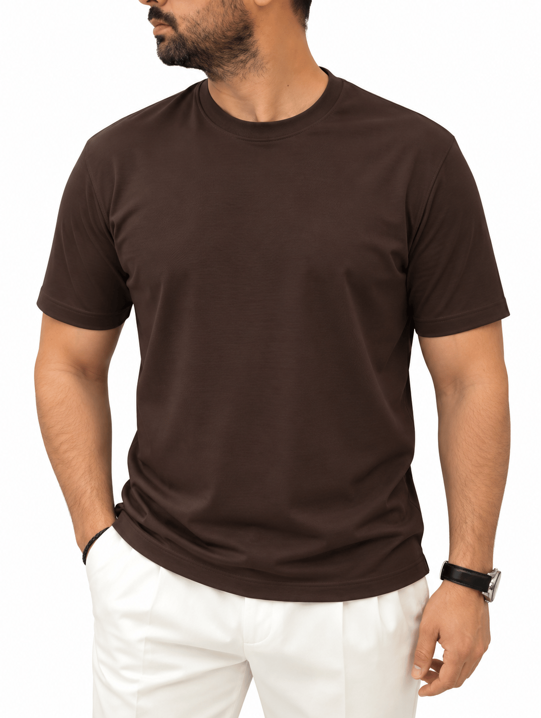 Erkek Basic Rayon Kumaş Tişört-Kahve