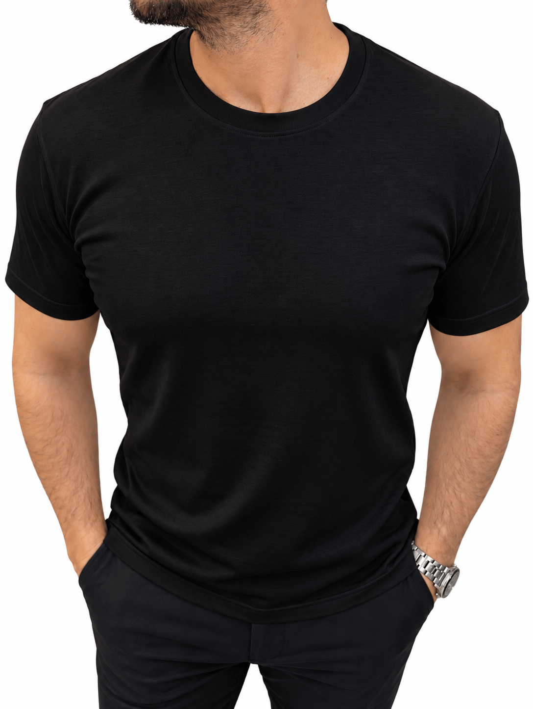 Erkek Basic Rayon Kumaş Tişört-Siyah