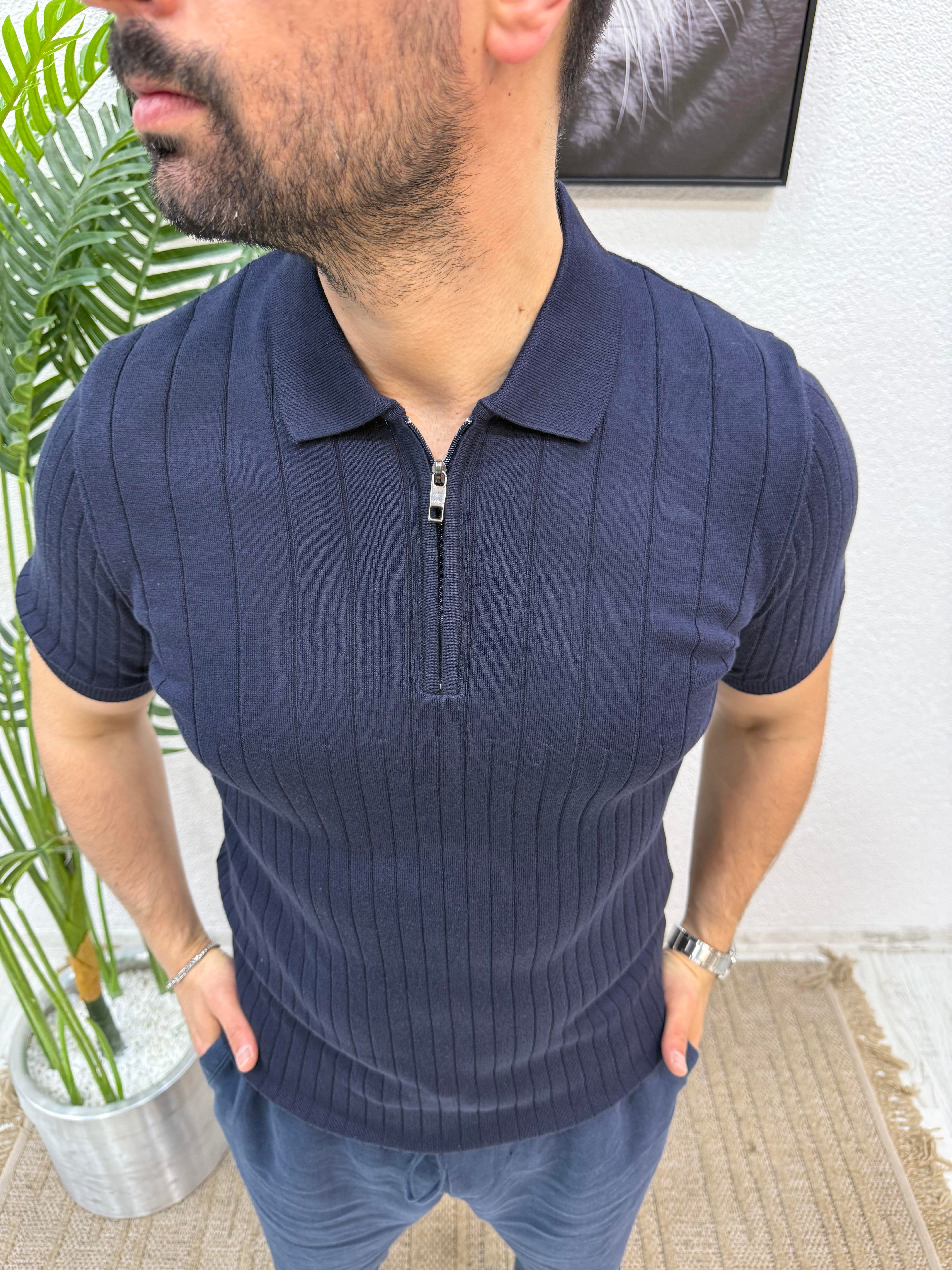 Fermuarlı Triko Tshirt Lacivert