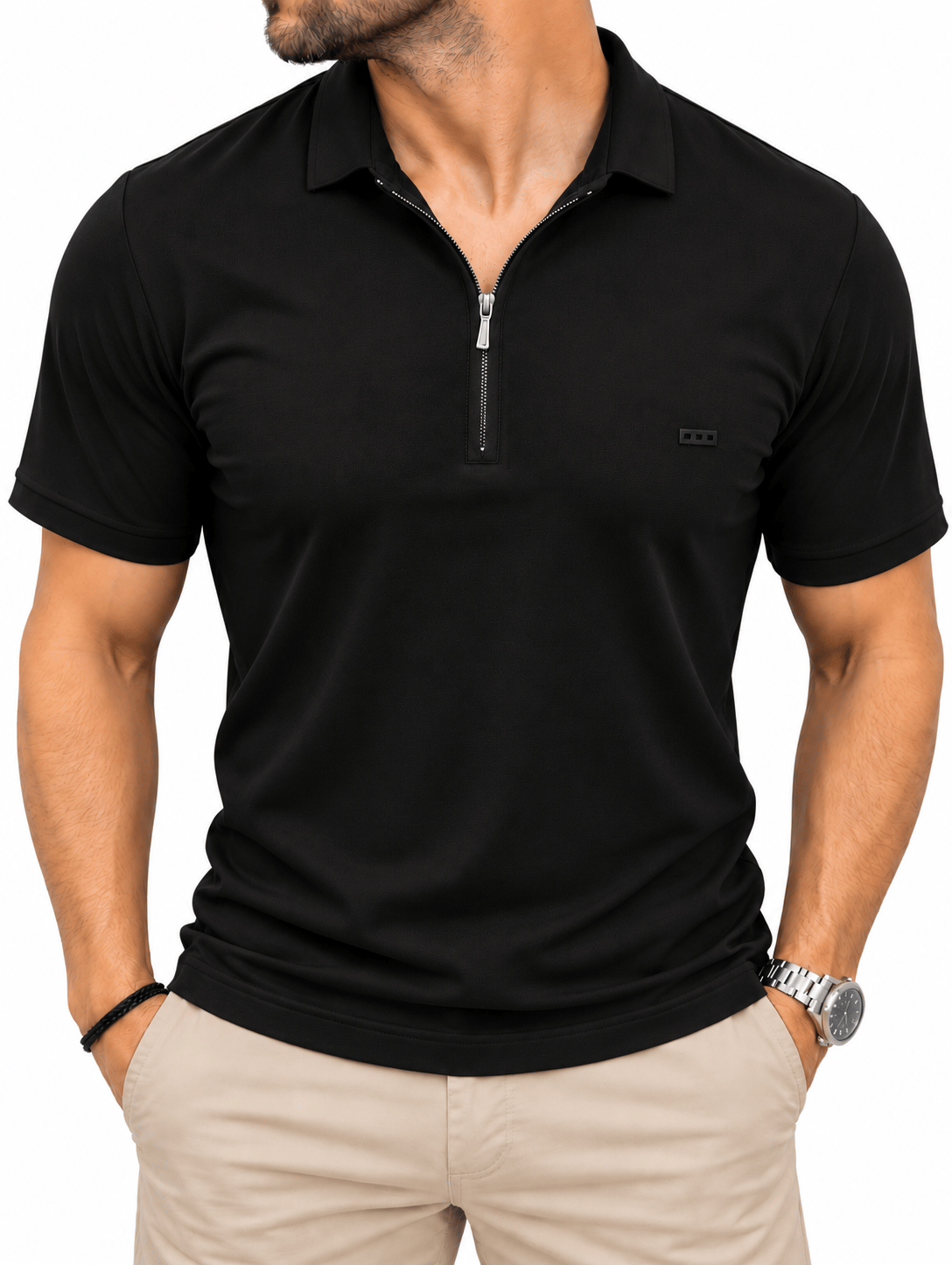 İtalyan Yaka Fermuarlı Tshirt-Siyah