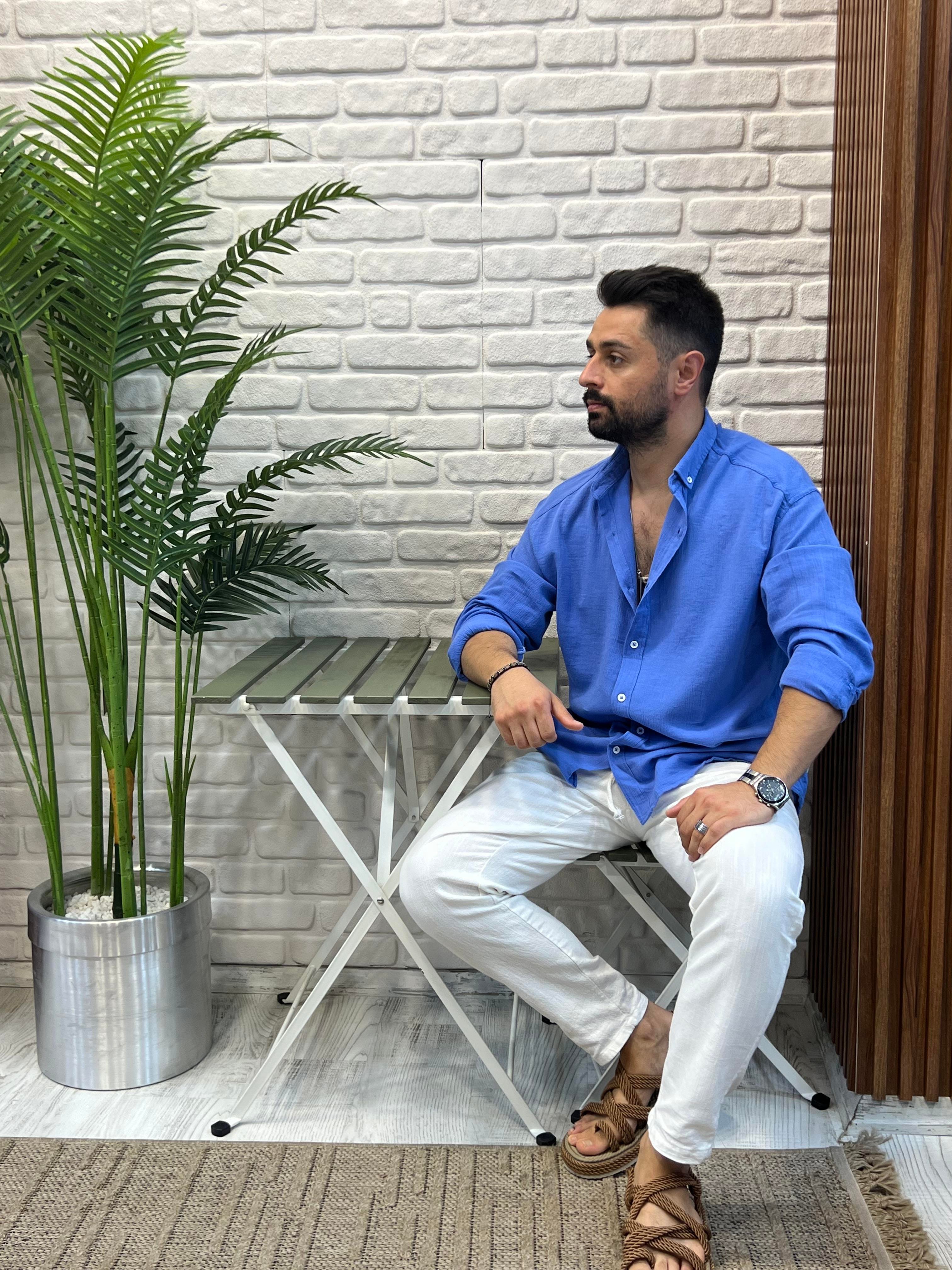 Oversize Kırinkıl Gömlek Mavi