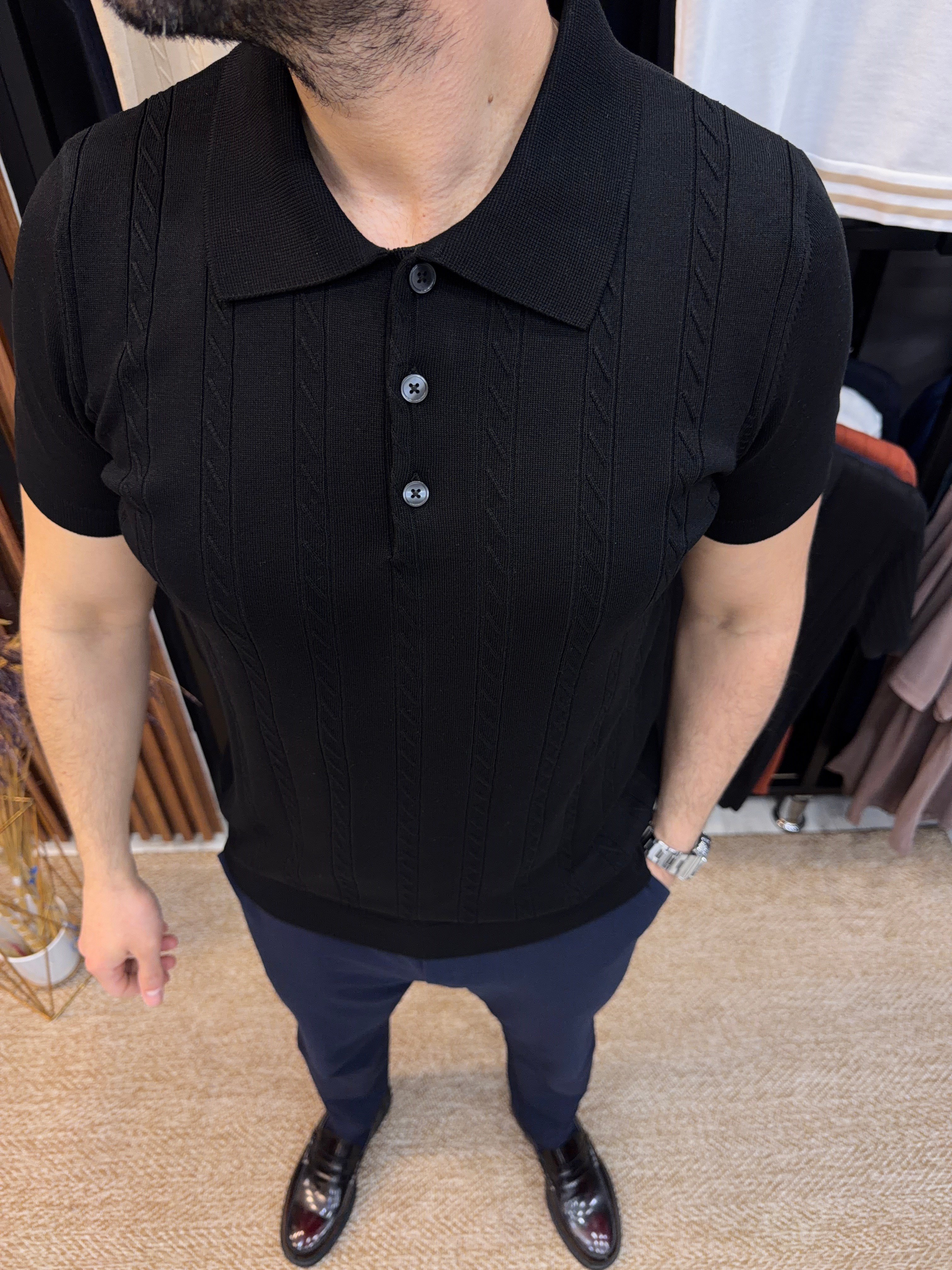 Polo  Yaka Triko Tshirt-Siyah