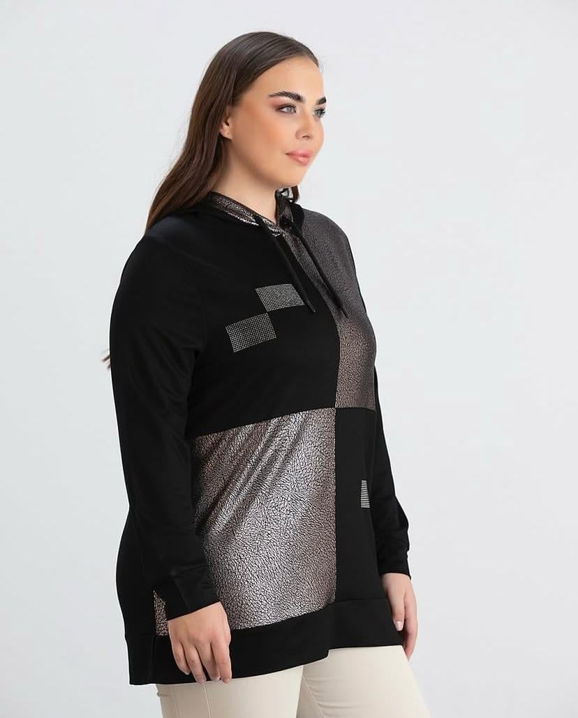 KAPÜŞONLU PARLAK KUMAŞ DETAYLI SWEATSHİRT