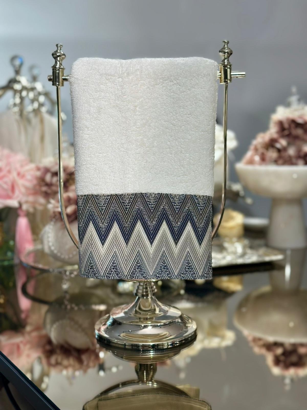 50x90 Missoni Model Gri Lacivert Yüz Havlusu