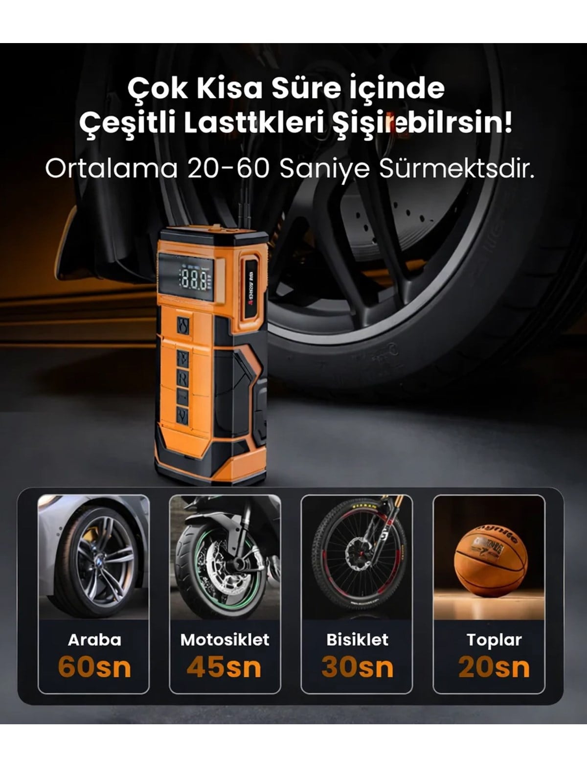 A5577 Akü Takviyeli Hava Kompresörü | 4'ü 1 Arada Powerbank, Hava Kompresörü, LCD Ekran, 8.000mAh 150PSI