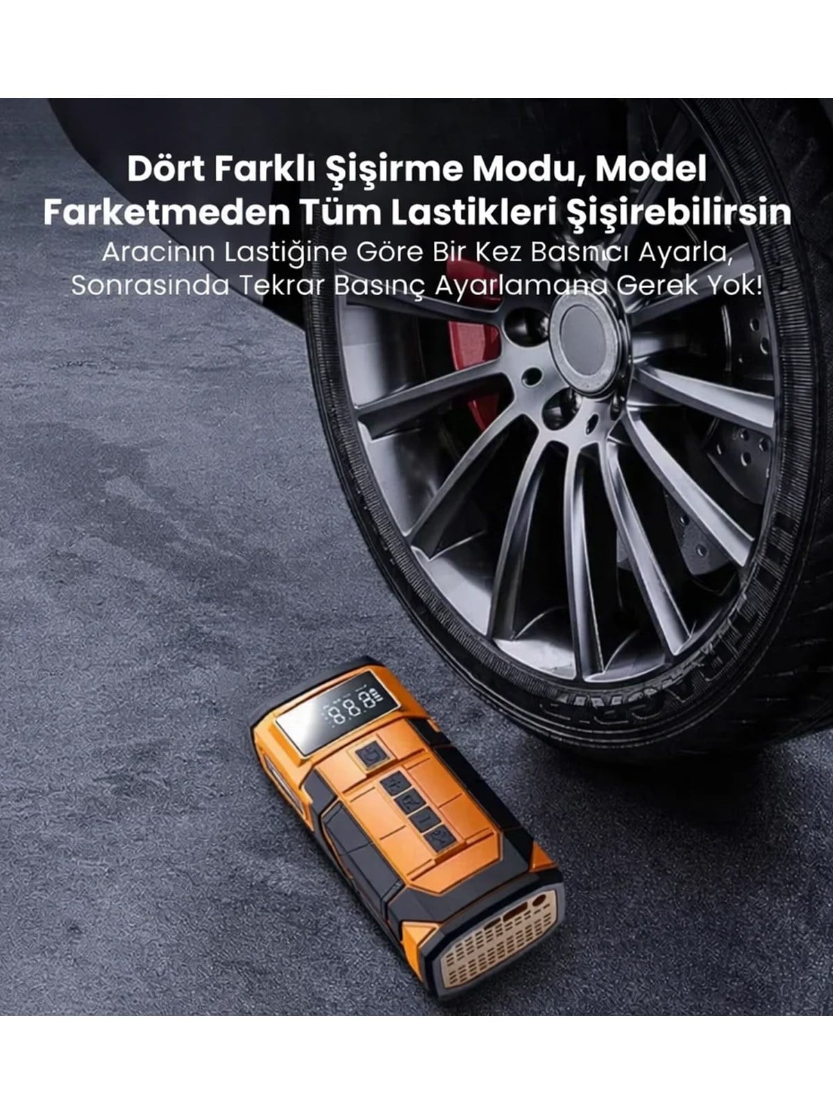 A5577 Akü Takviyeli Hava Kompresörü | 4'ü 1 Arada Powerbank, Hava Kompresörü, LCD Ekran, 8.000mAh 150PSI