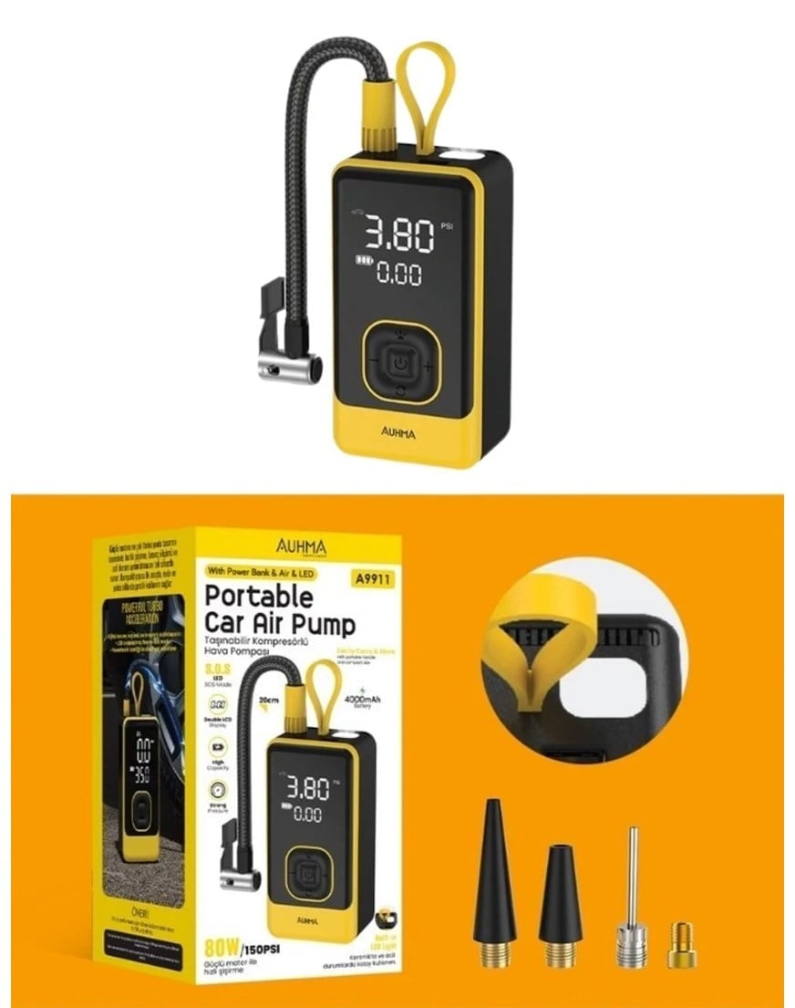 A9911 Portatif Kompresör 3'ü 1 Arada Powerbank, Hava Kompresörü, LCD Ekran, 4000mAh 150PSI