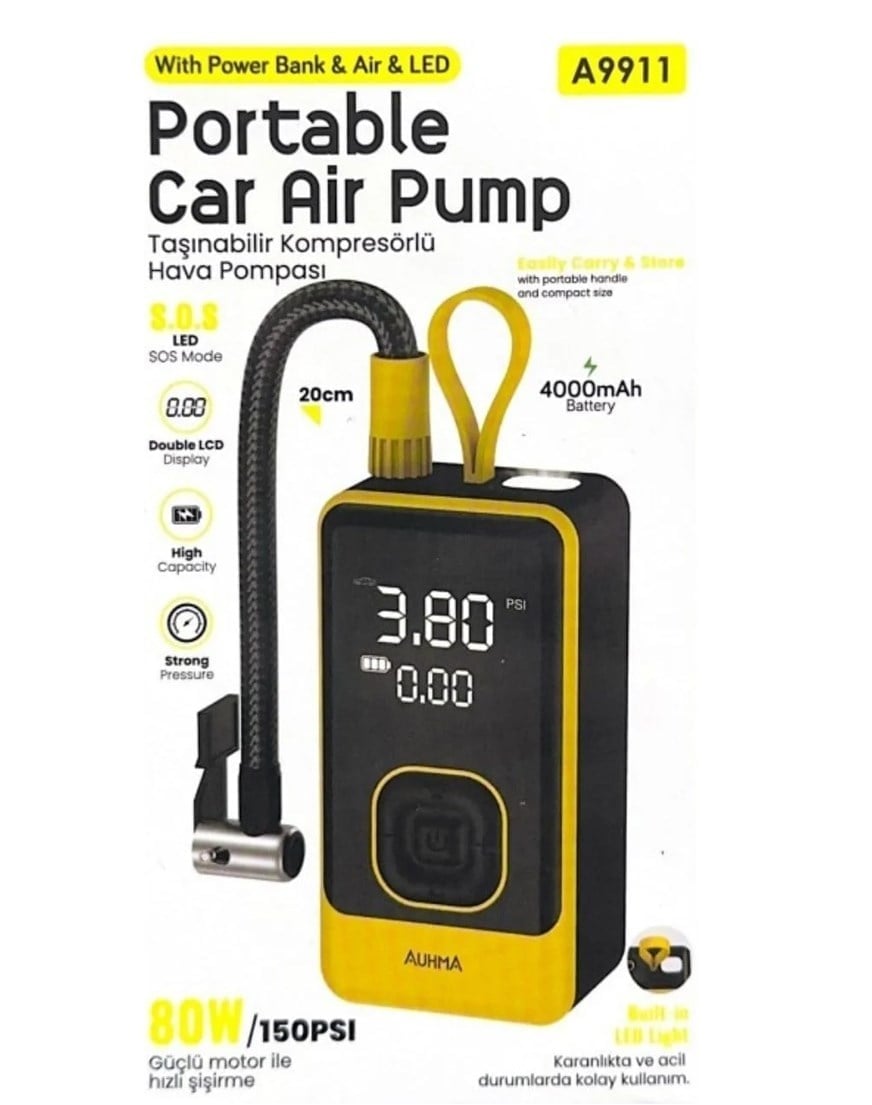 A9911 Portatif Kompresör 3'ü 1 Arada Powerbank, Hava Kompresörü, LCD Ekran, 4000mAh 150PSI