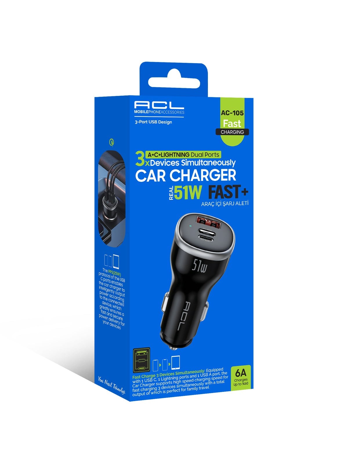 AC-105 51W Süper Hızlı Araç Şarj Cihazı – Dahili Lightning Kablolu + PD 30W USB-C ve QC 18W USB-A
