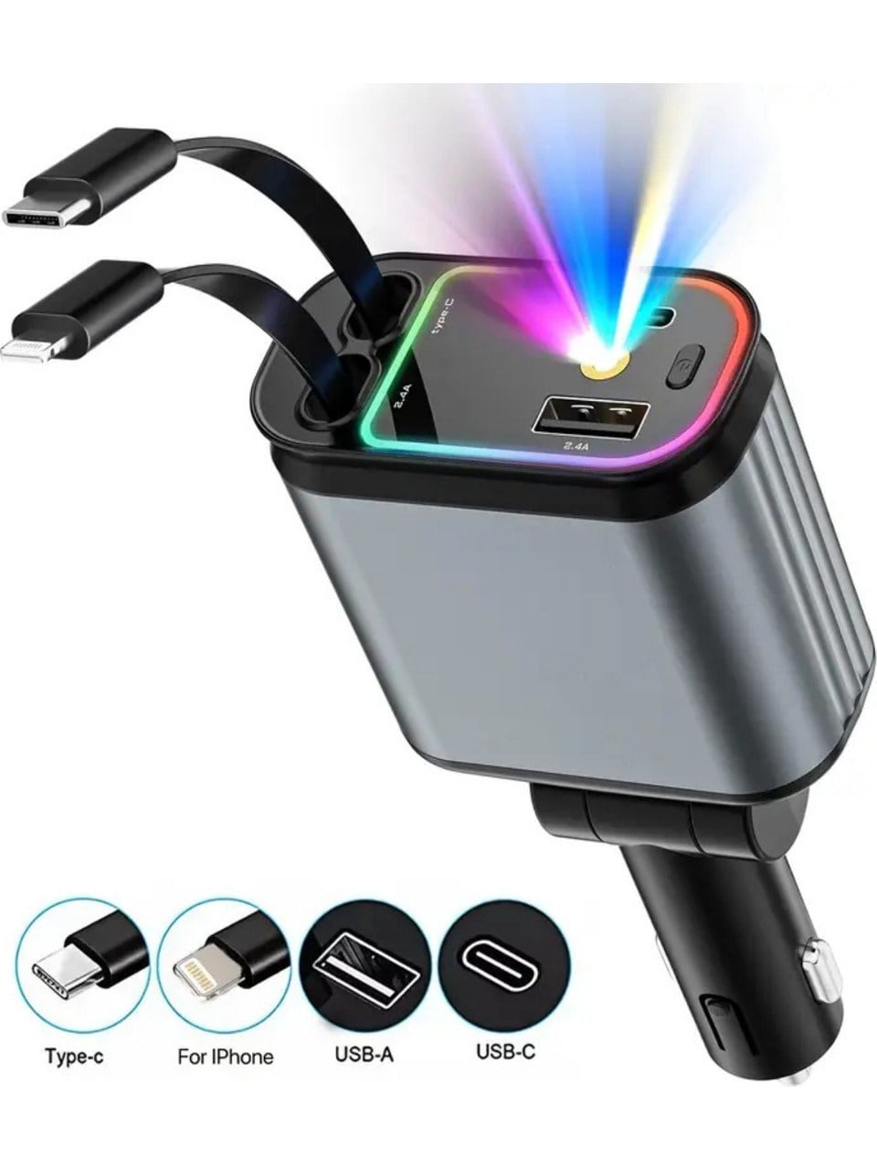 ACC-01 RGB Işıklı Araç Şarj Cihazı 66W Hızlı Şarj 4'ü 1 Arada Geri Çekilebilir Kablo Yıldızlı Tavan Işığı Özelliği